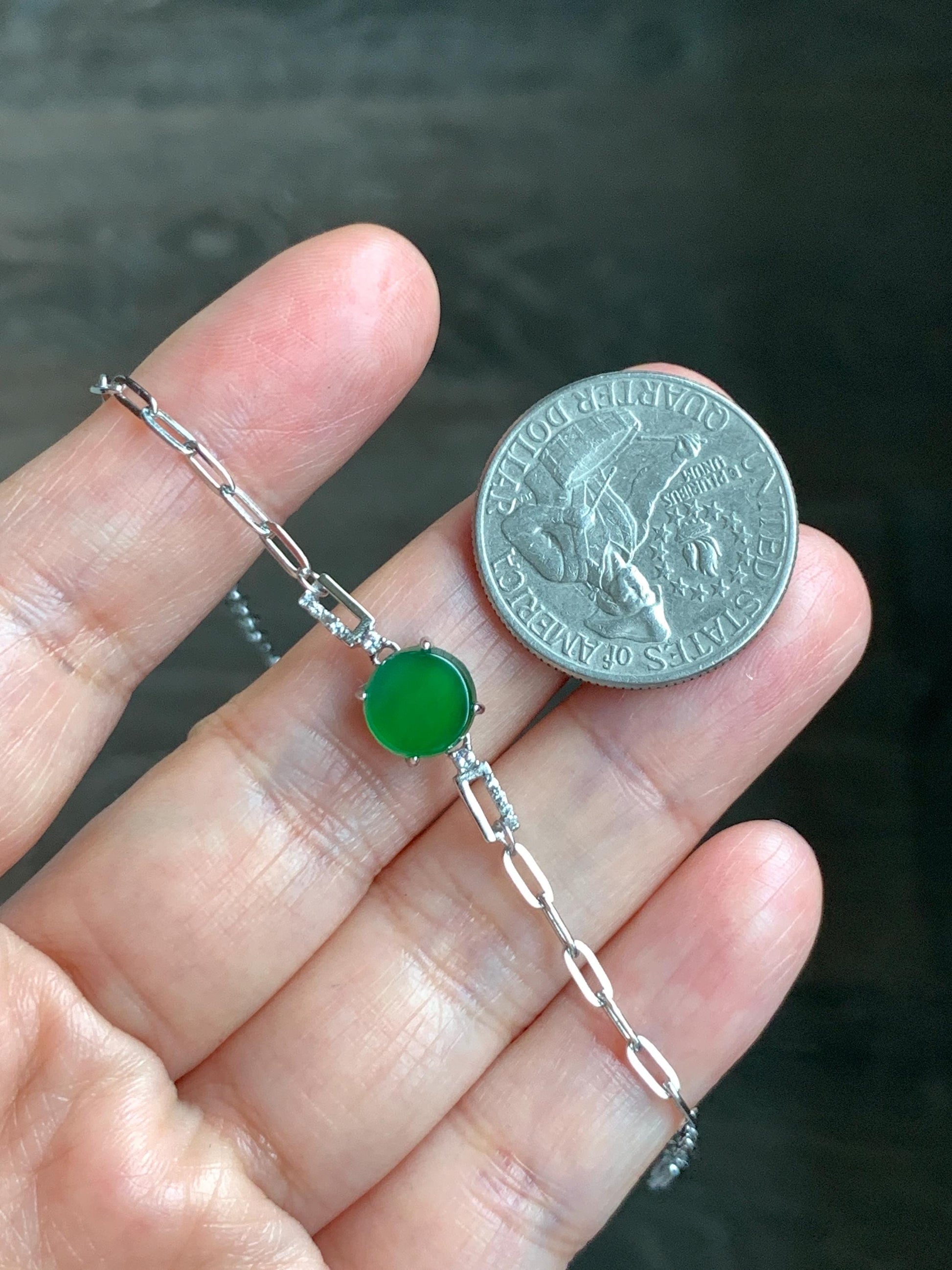 Natural Grade A Guatemalan Icy Translucent Vibrant Green Jade Jadeite Mini Coin Chain Bracelet Sterling Silver 6”-7.5” 天然冰危绿翡翠迷你无事飘银手链XLP143