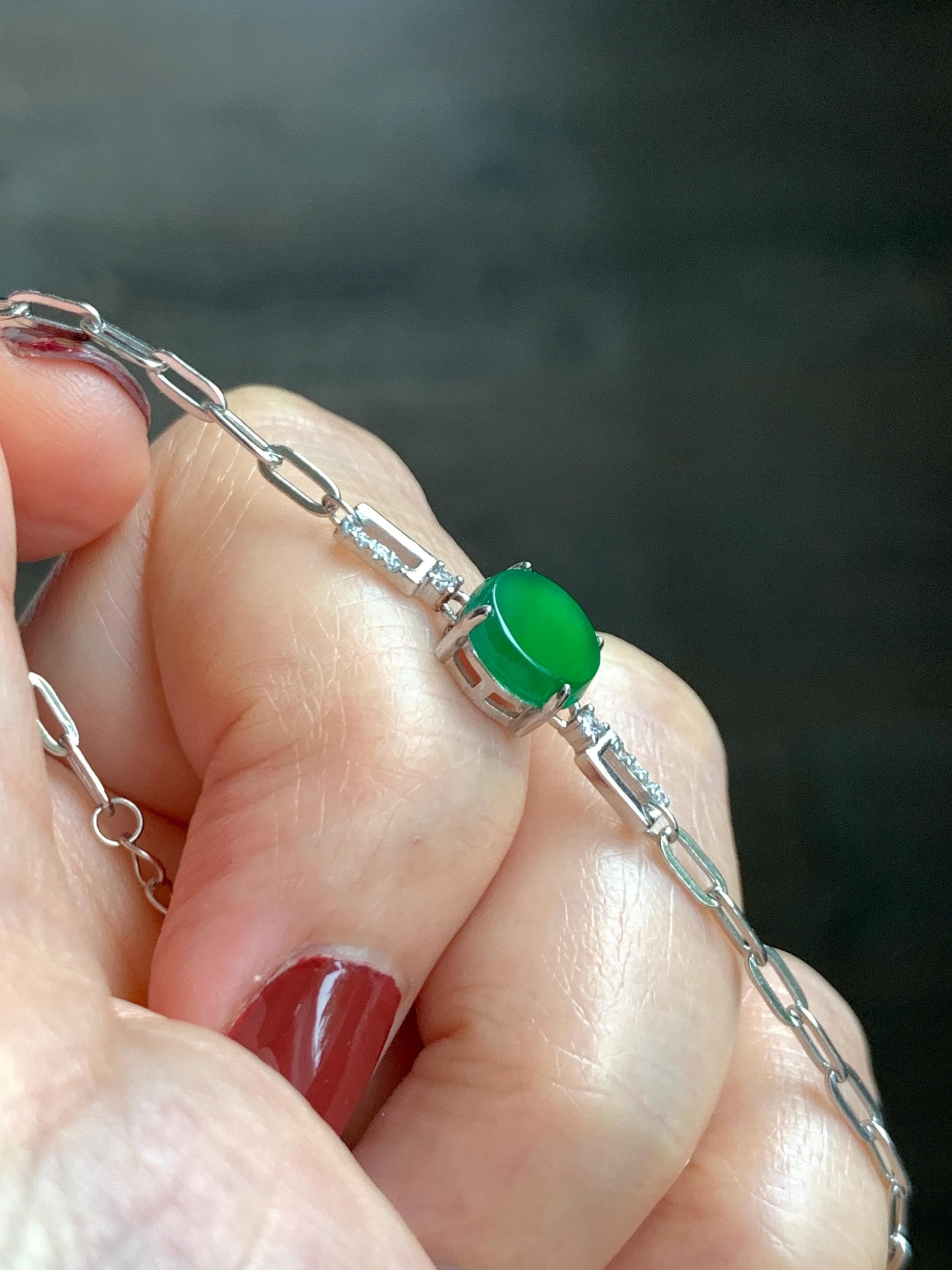 Natural Grade A Guatemalan Icy Translucent Vibrant Green Jade Jadeite Mini Coin Chain Bracelet Sterling Silver 6”-7.5” 天然冰危绿翡翠迷你无事飘银手链XLP143