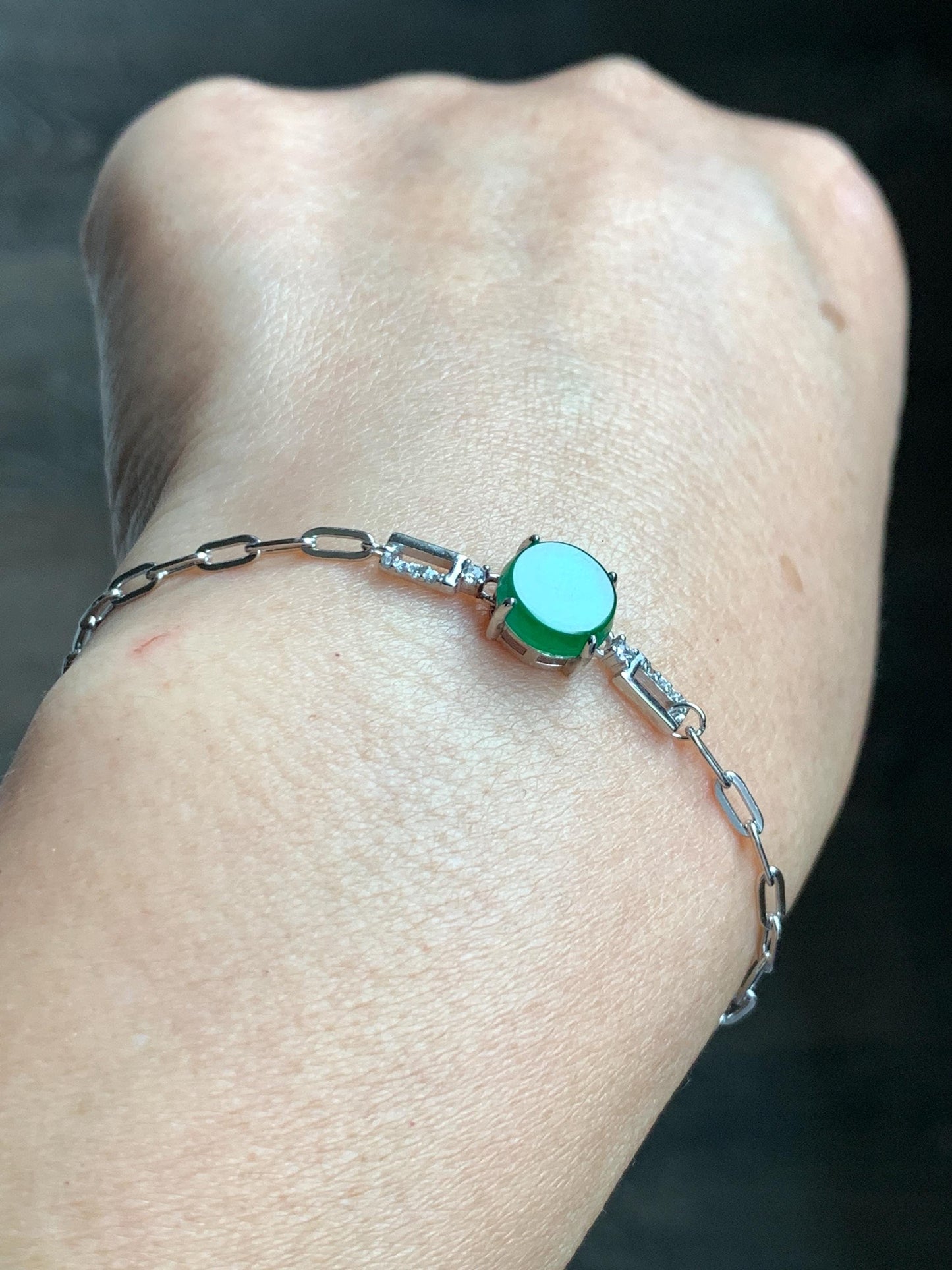 Natural Grade A Guatemalan Icy Translucent Vibrant Green Jade Jadeite Mini Coin Chain Bracelet Sterling Silver 6”-7.5” 天然冰危绿翡翠迷你无事飘银手链XLP143