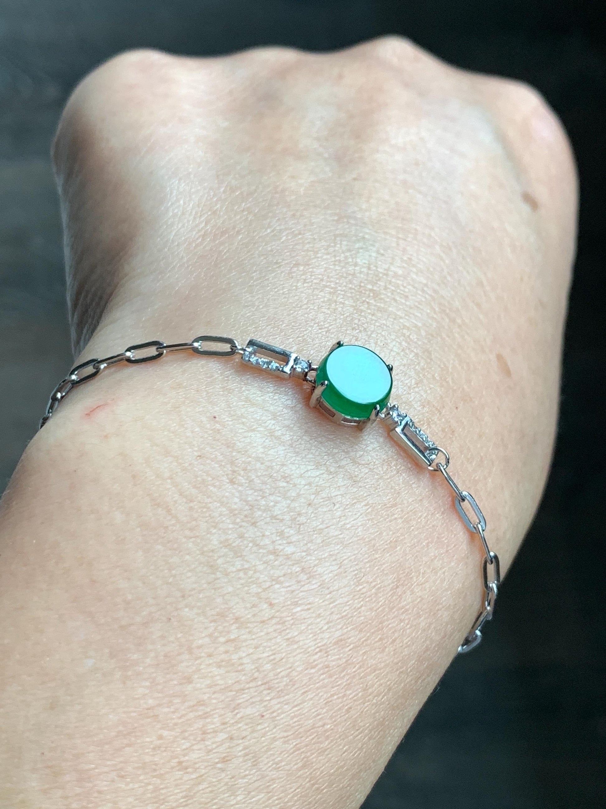 Natural Grade A Guatemalan Icy Translucent Vibrant Green Jade Jadeite Mini Coin Chain Bracelet Sterling Silver 6”-7.5” 天然冰危绿翡翠迷你无事飘银手链XLP143