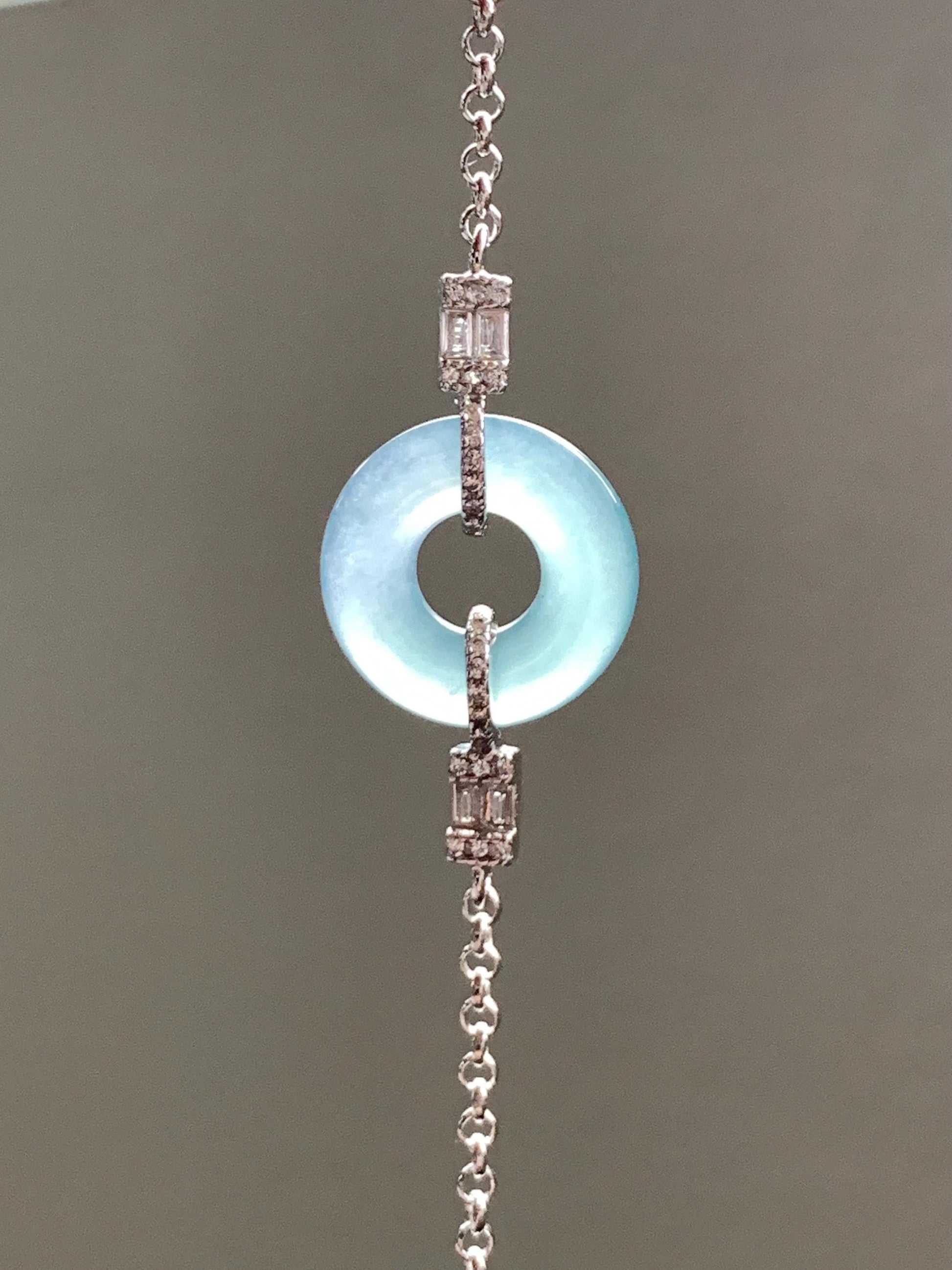 Natural Grade A Guatemalan Icy Translucent Light Teal Jade Jadeite Ping An Kou Donut Bracelet Sterling Silver 6.5”-7.5” 天然冰危蓝翡翠平安扣手链 WSL160A