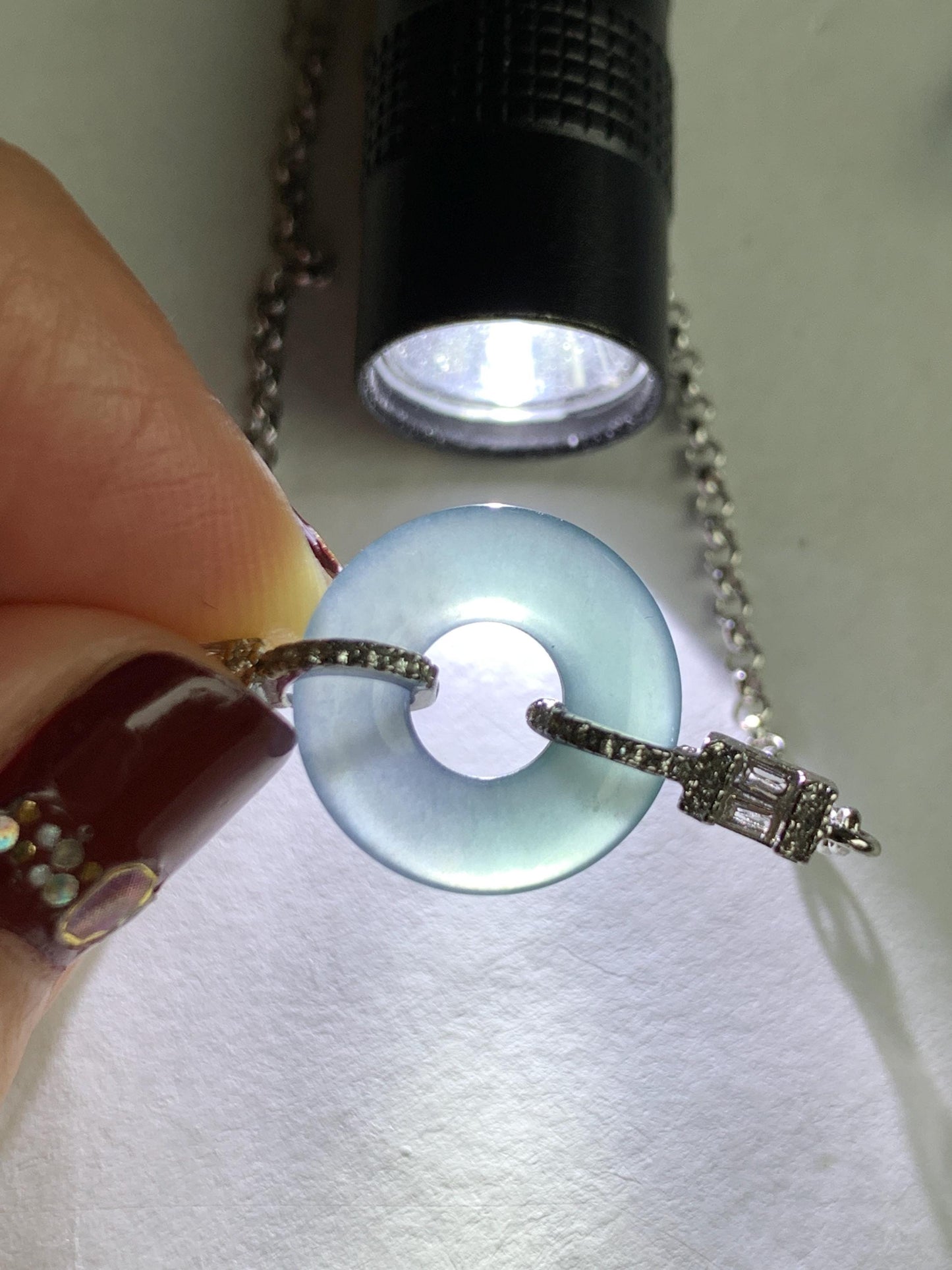 Natural Grade A Guatemalan Icy Translucent Light Teal Jade Jadeite Ping An Kou Donut Bracelet Sterling Silver 6.5”-7.5” 天然冰危蓝翡翠平安扣手链 WSL160A