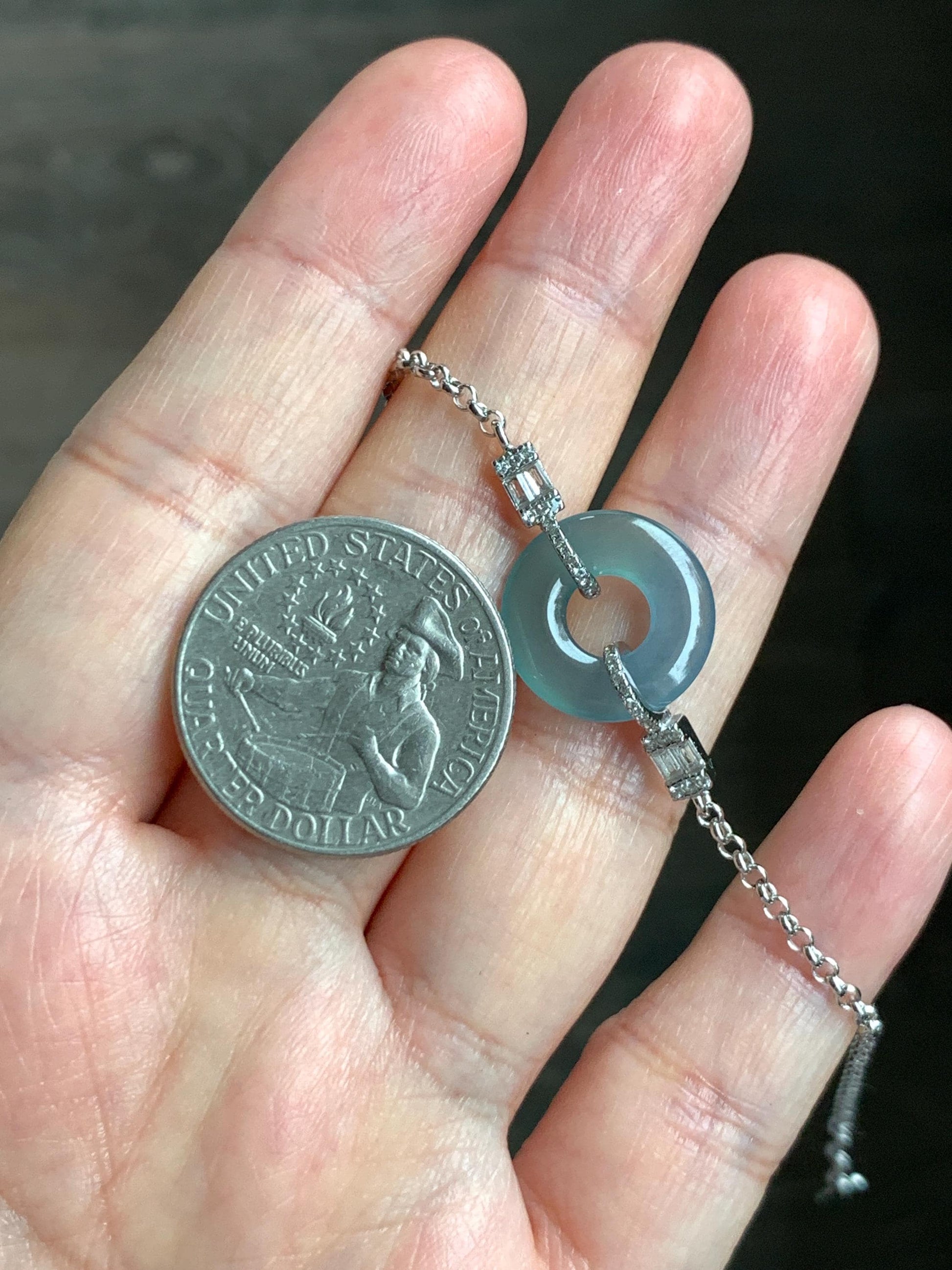 Natural Grade A Guatemalan Icy Translucent Light Teal Jade Jadeite Ping An Kou Donut Bracelet Sterling Silver 6.5”-7.5” 天然冰危蓝翡翠平安扣手链 WSL160A