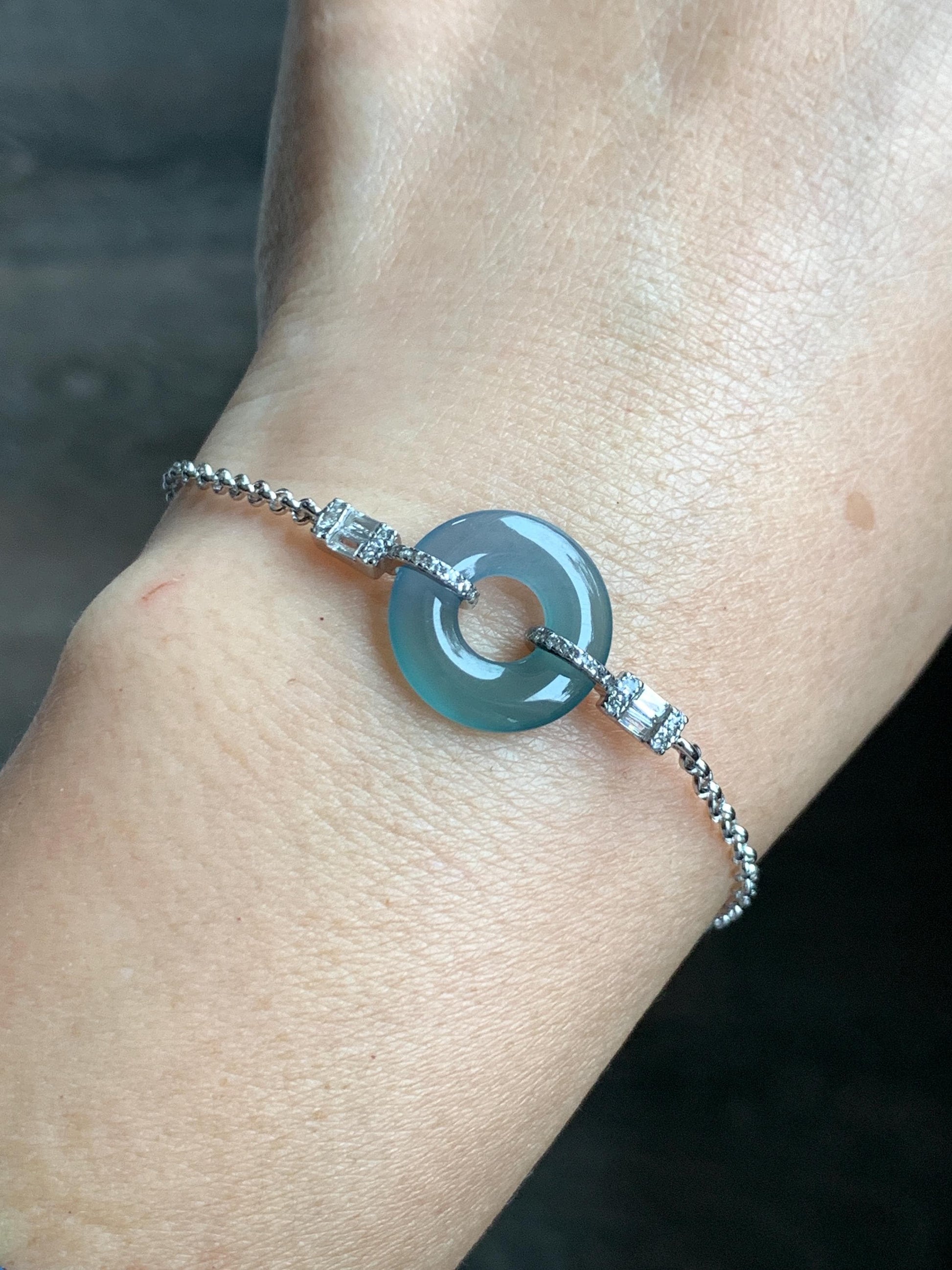 Natural Grade A Guatemalan Icy Translucent Light Teal Jade Jadeite Ping An Kou Donut Bracelet Sterling Silver 6.5”-7.5” 天然冰危蓝翡翠平安扣手链 WSL160A