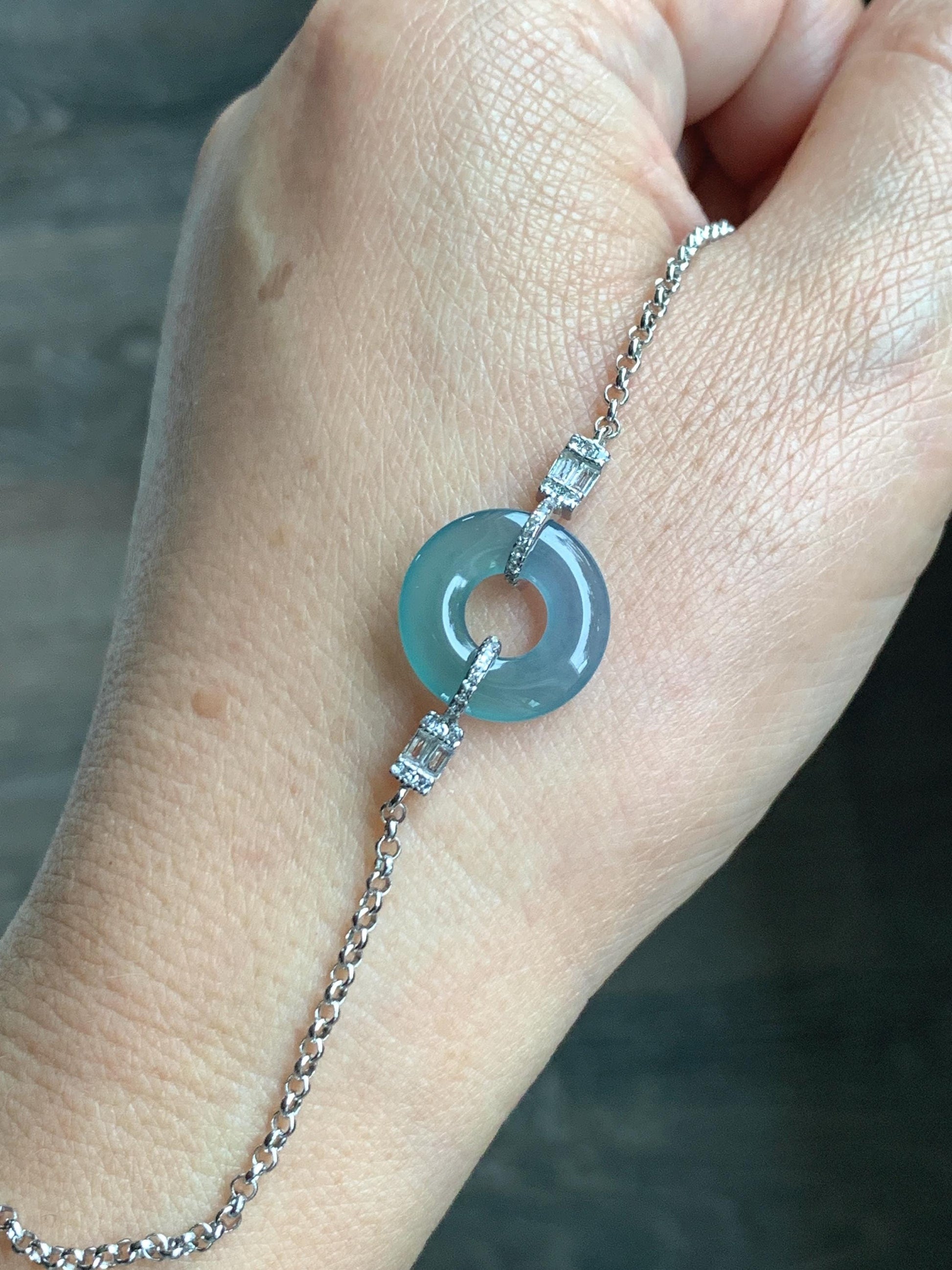 Natural Grade A Guatemalan Icy Translucent Light Teal Jade Jadeite Ping An Kou Donut Bracelet Sterling Silver 6.5”-7.5” 天然冰危蓝翡翠平安扣手链 WSL160A