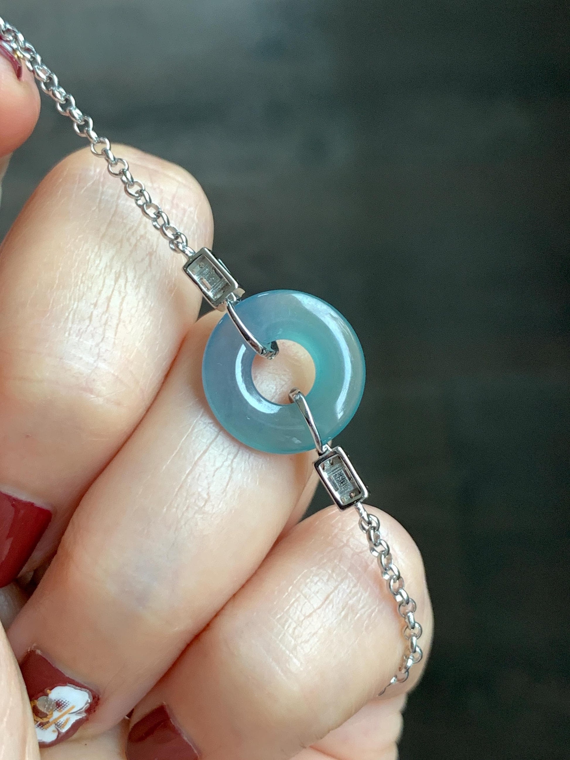 Natural Grade A Guatemalan Icy Translucent Light Teal Jade Jadeite Ping An Kou Donut Bracelet Sterling Silver 6.5”-7.5” 天然冰危蓝翡翠平安扣手链 WSL160A