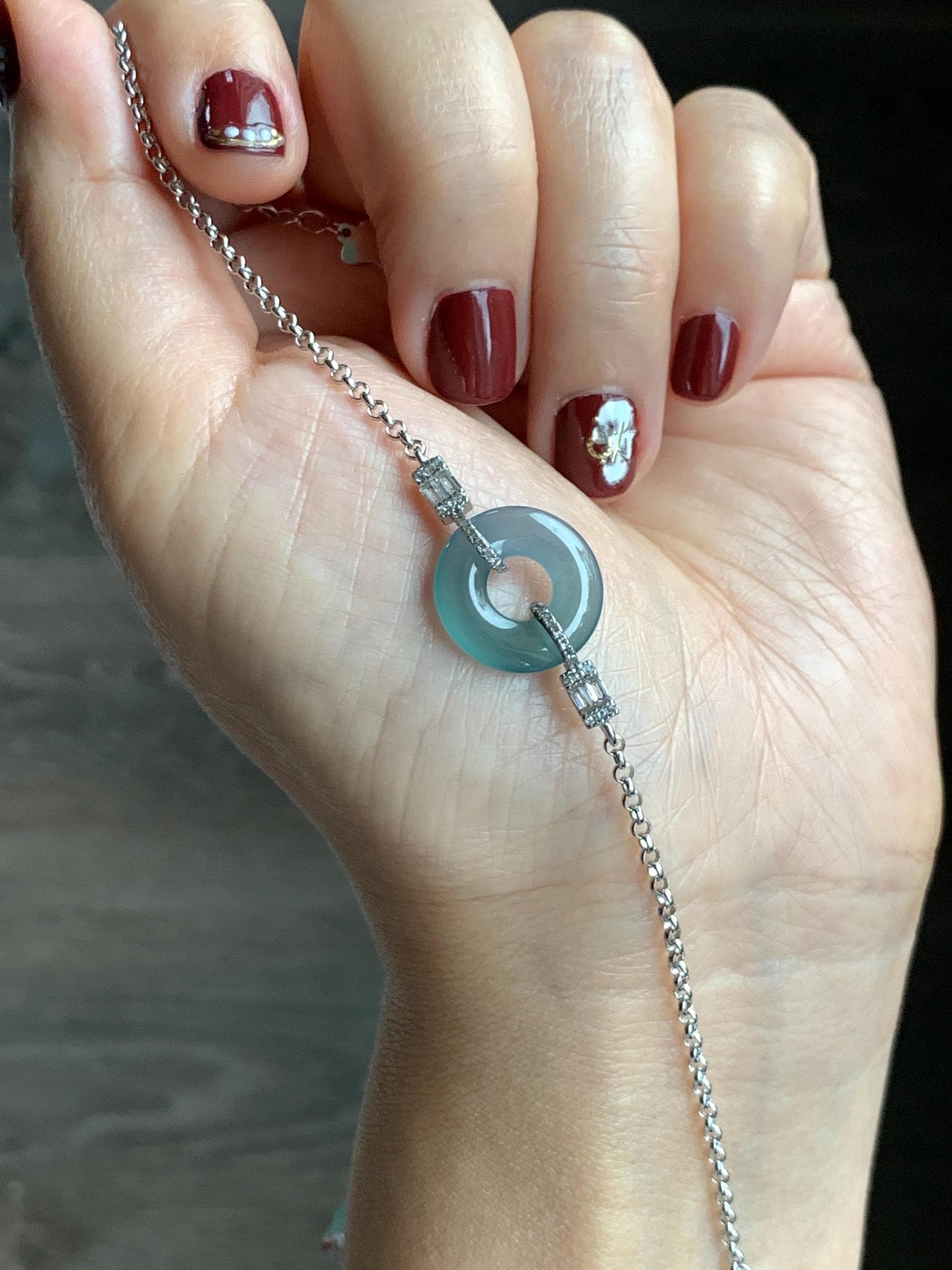 Natural Grade A Guatemalan Icy Translucent Light Teal Jade Jadeite Ping An Kou Donut Bracelet Sterling Silver 6.5”-7.5” 天然冰危蓝翡翠平安扣手链 WSL160A