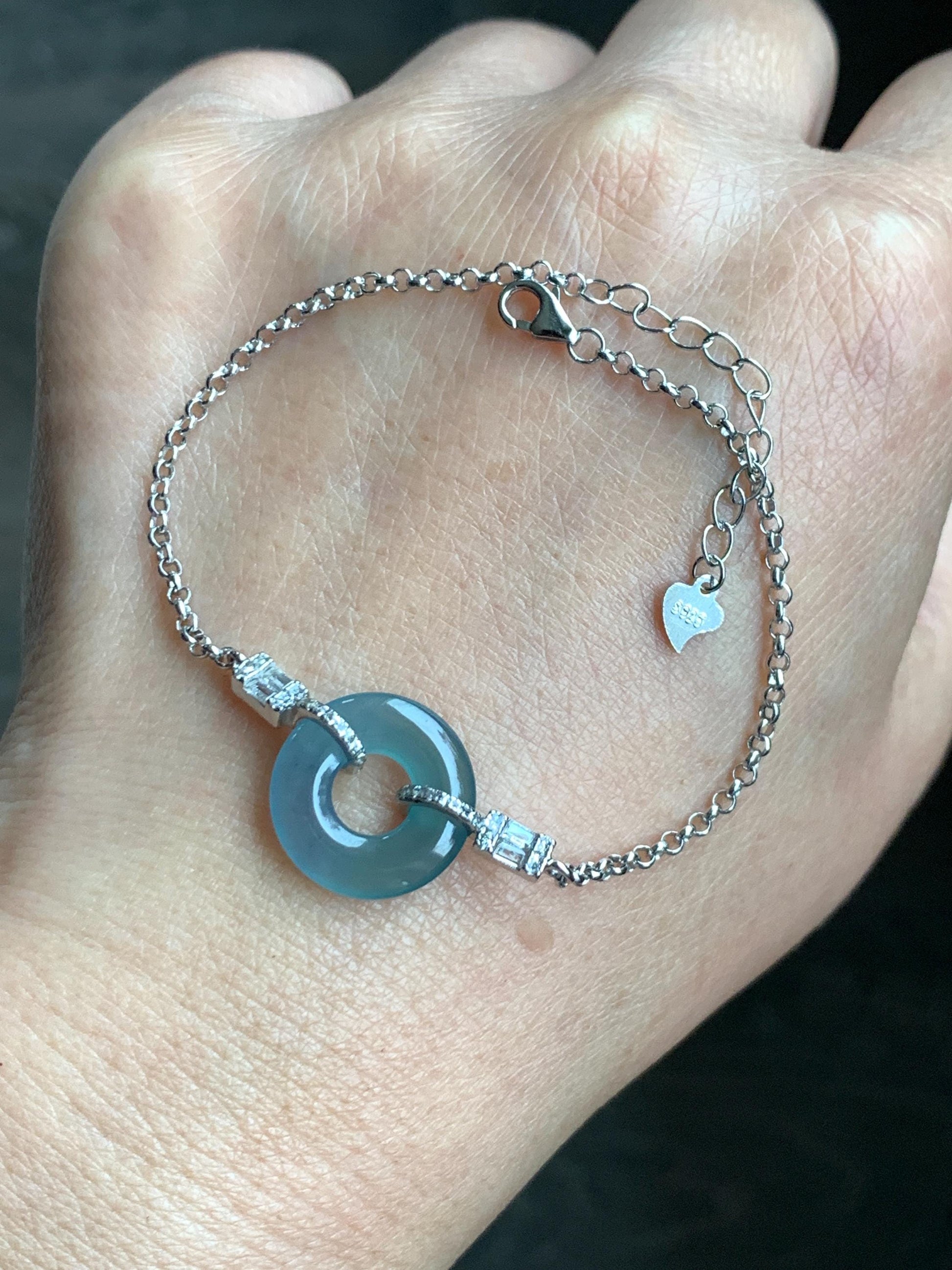Natural Grade A Guatemalan Icy Translucent Light Teal Jade Jadeite Ping An Kou Donut Bracelet Sterling Silver 6.5”-7.5” 天然冰危蓝翡翠平安扣手链 WSL160A