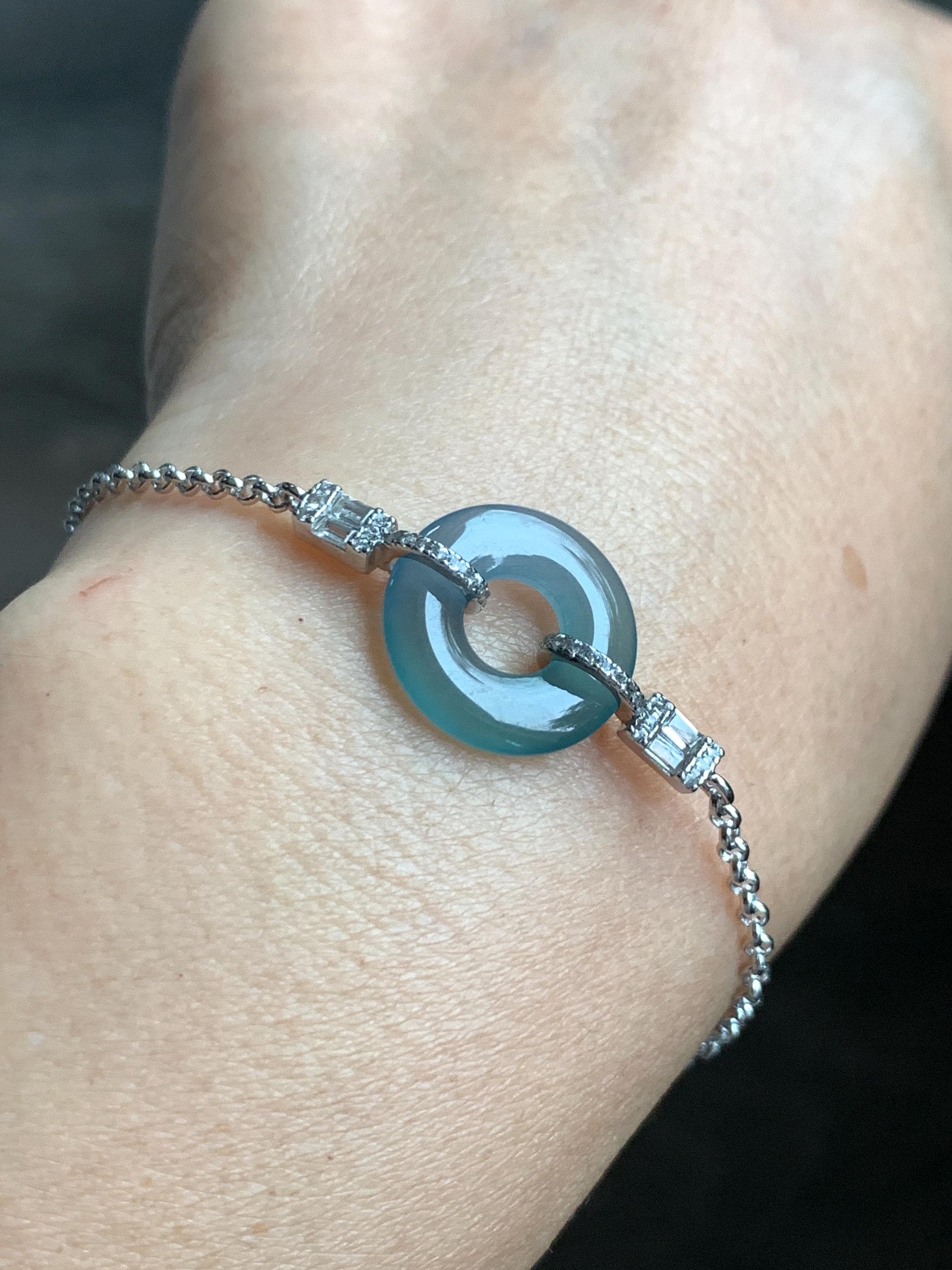 Natural Grade A Guatemalan Icy Translucent Light Teal Jade Jadeite Ping An Kou Donut Bracelet Sterling Silver 6.5”-7.5” 天然冰危蓝翡翠平安扣手链 WSL160A