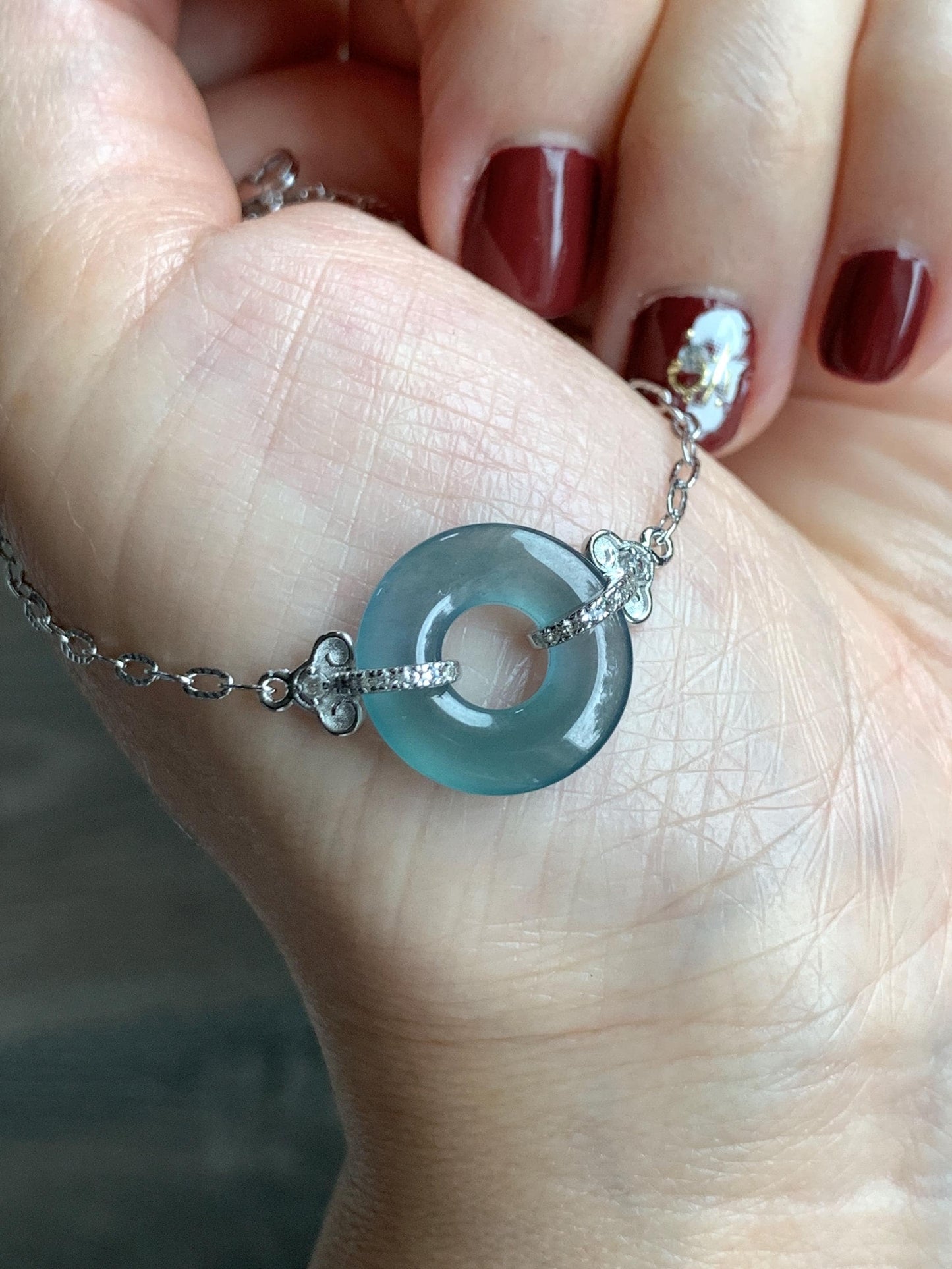 Natural Grade A Guatemalan Icy Translucent Teal Blue Jade Jadeite Ping An Kou Donut Bracelet Sterling Silver 6.25”-7.25” 天然冰危蓝翡翠平安扣手链WSL160B