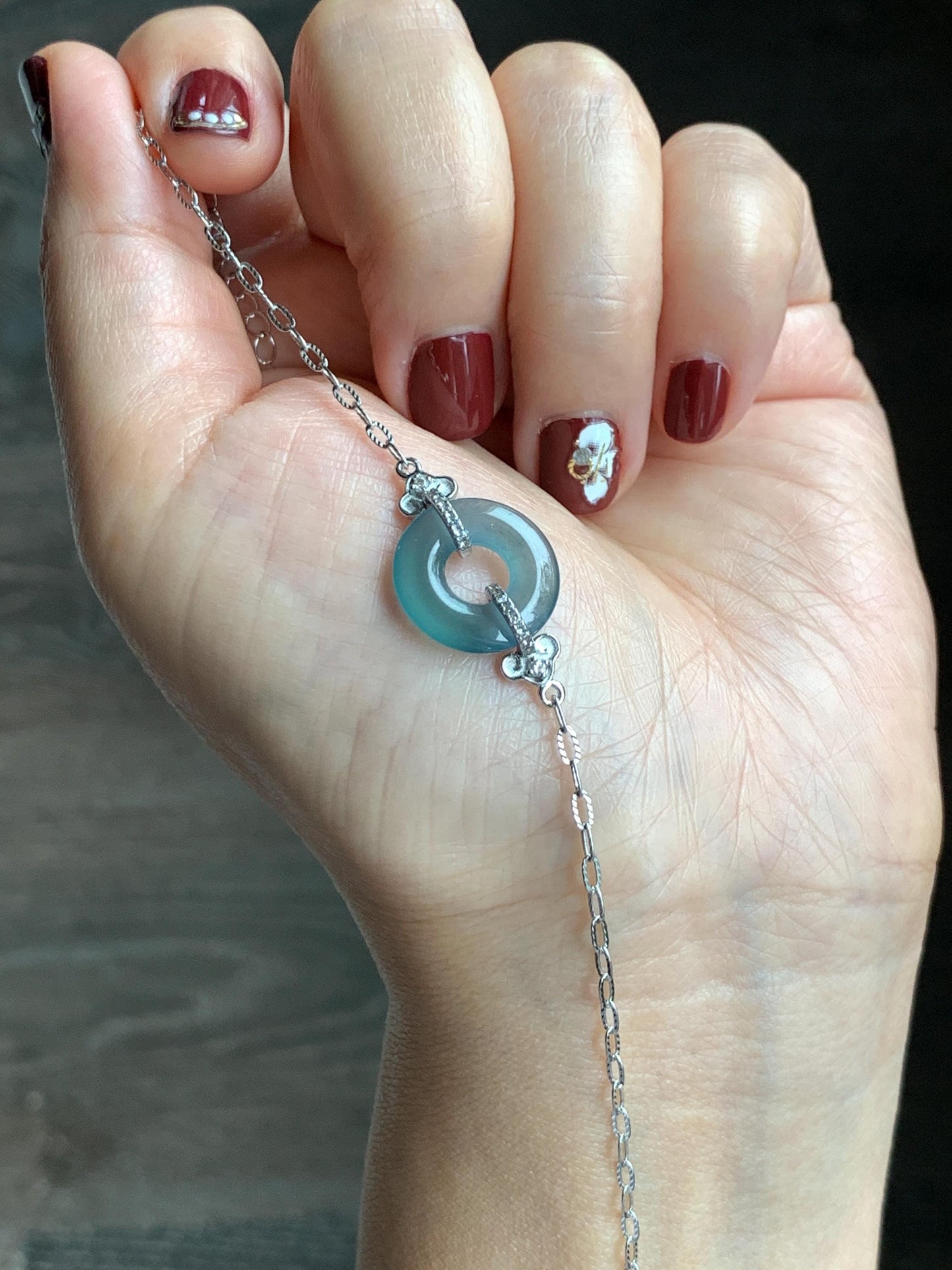 Natural Grade A Guatemalan Icy Translucent Teal Blue Jade Jadeite Ping An Kou Donut Bracelet Sterling Silver 6.25”-7.25” 天然冰危蓝翡翠平安扣手链WSL160B