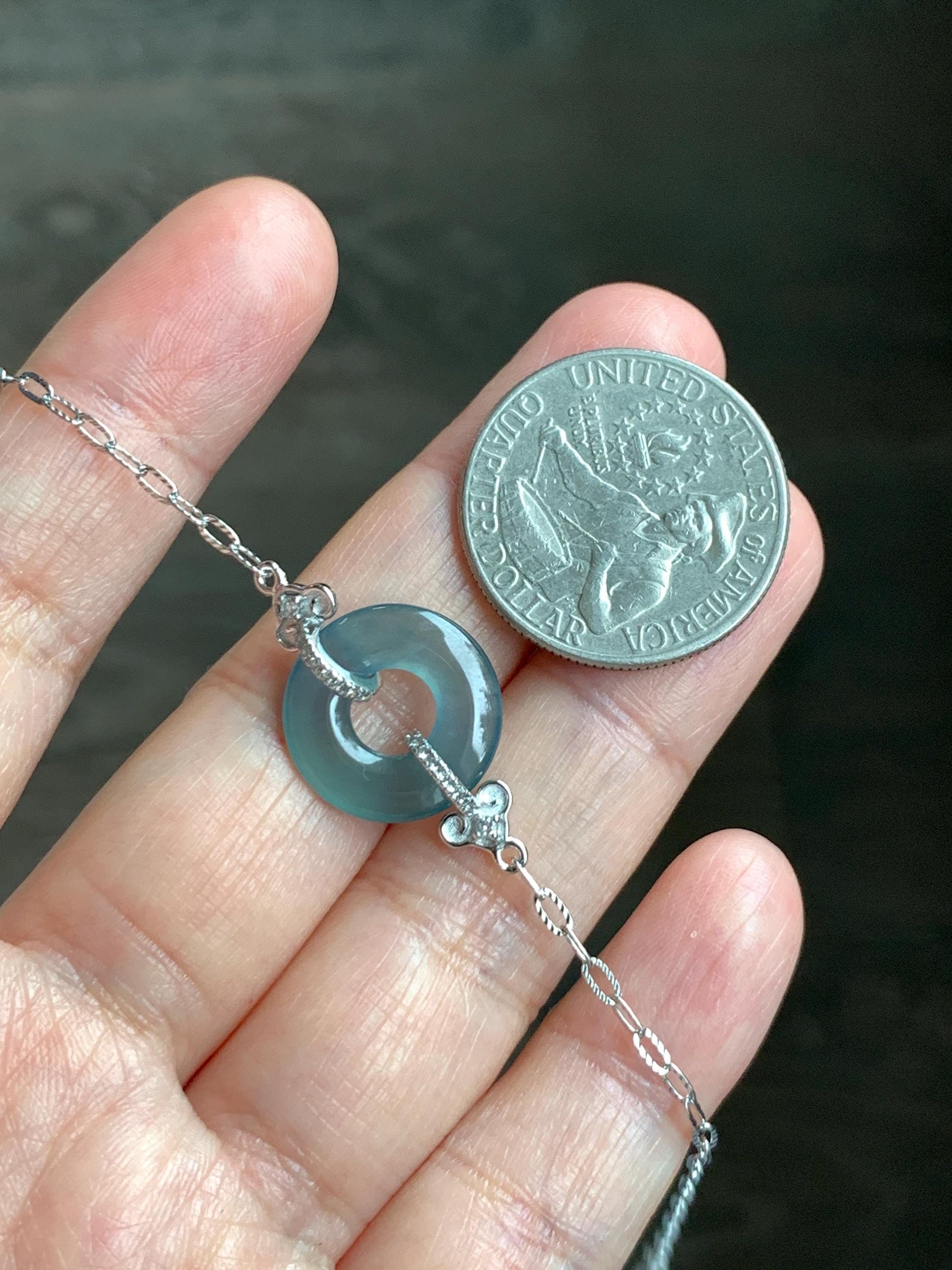 Natural Grade A Guatemalan Icy Translucent Teal Blue Jade Jadeite Ping An Kou Donut Bracelet Sterling Silver 6.25”-7.25” 天然冰危蓝翡翠平安扣手链WSL160B