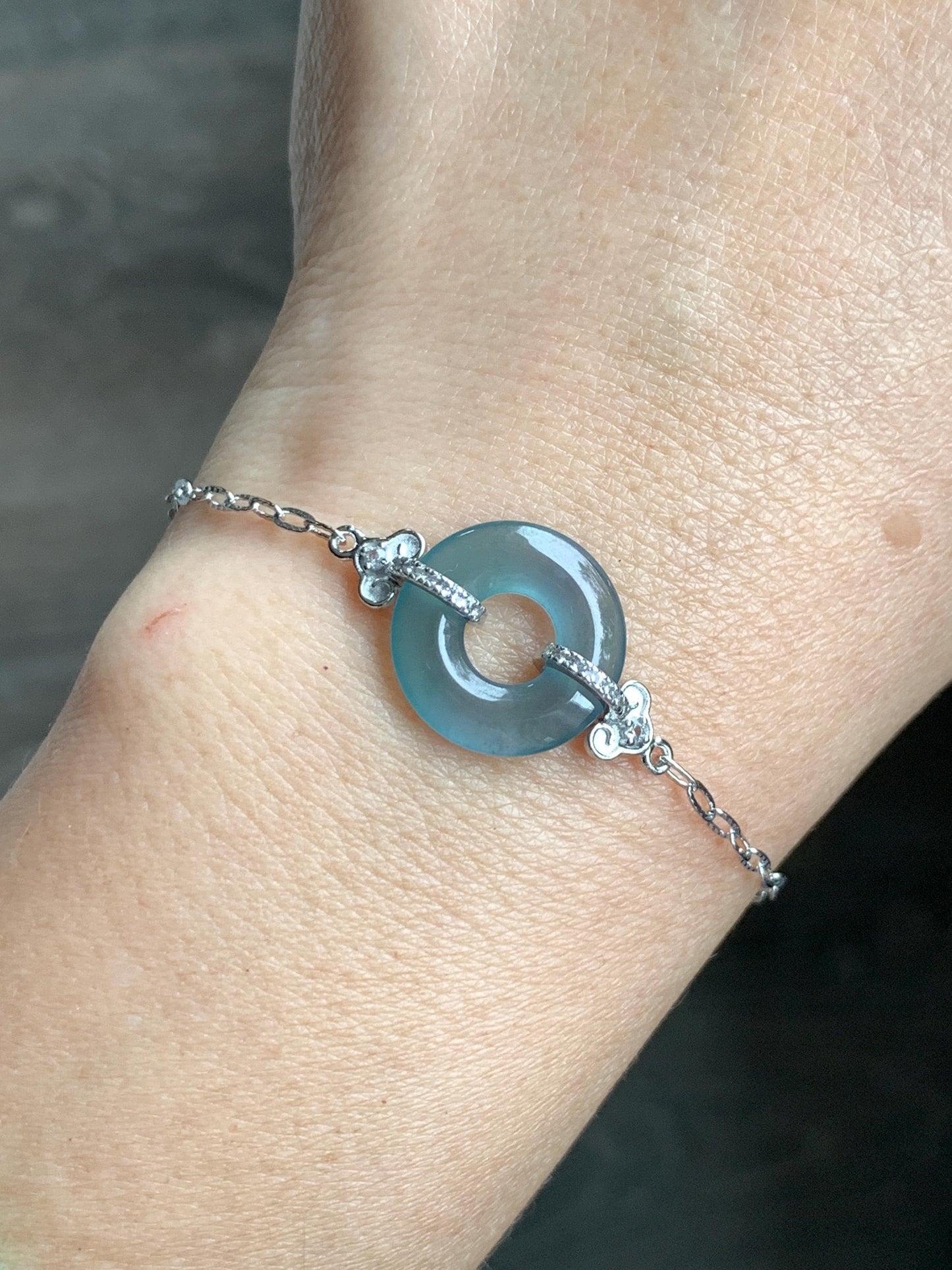 Natural Grade A Guatemalan Icy Translucent Teal Blue Jade Jadeite Ping An Kou Donut Bracelet Sterling Silver 6.25”-7.25” 天然冰危蓝翡翠平安扣手链WSL160B