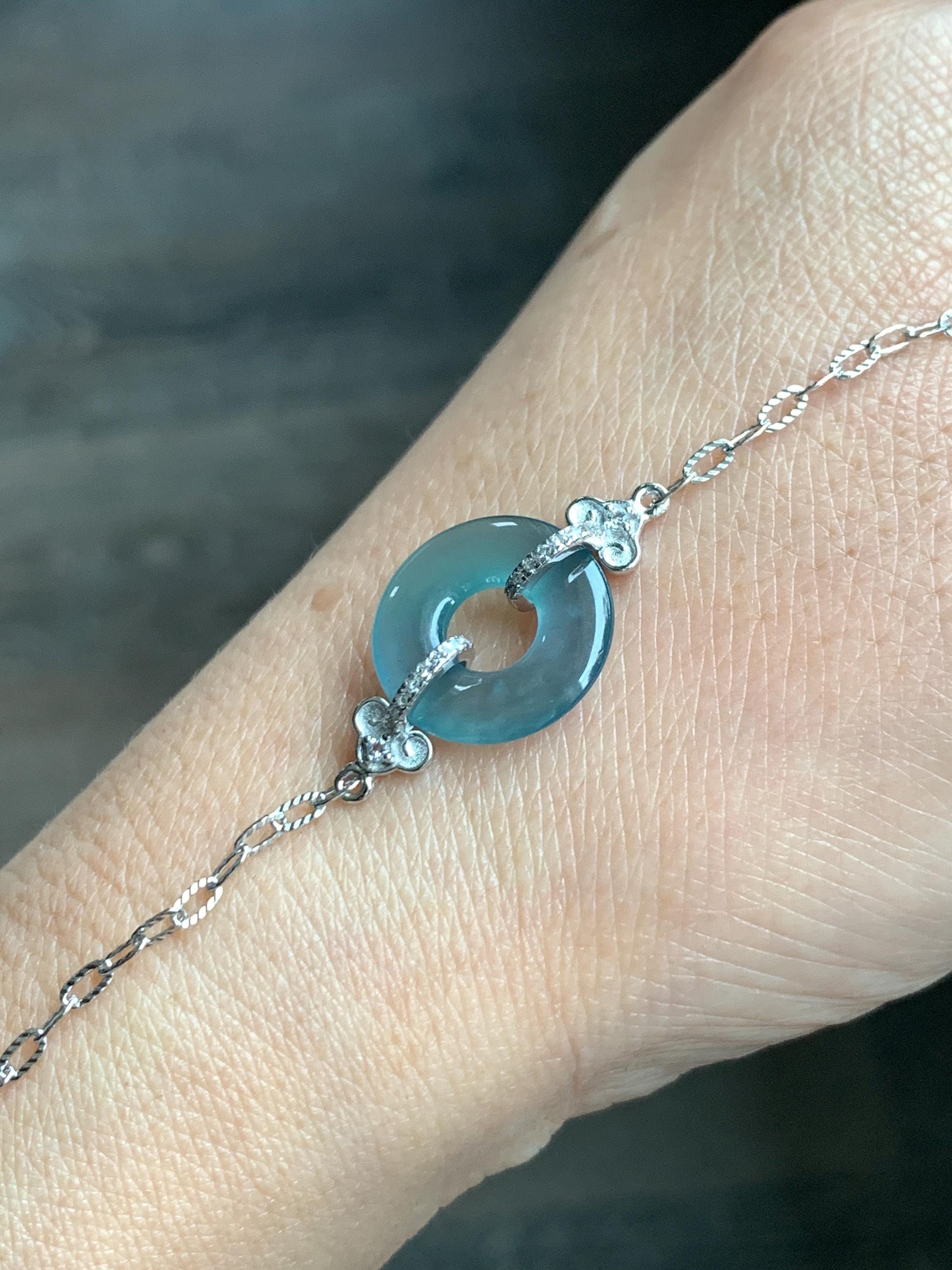 Natural Grade A Guatemalan Icy Translucent Teal Blue Jade Jadeite Ping An Kou Donut Bracelet Sterling Silver 6.25”-7.25” 天然冰危蓝翡翠平安扣手链WSL160B