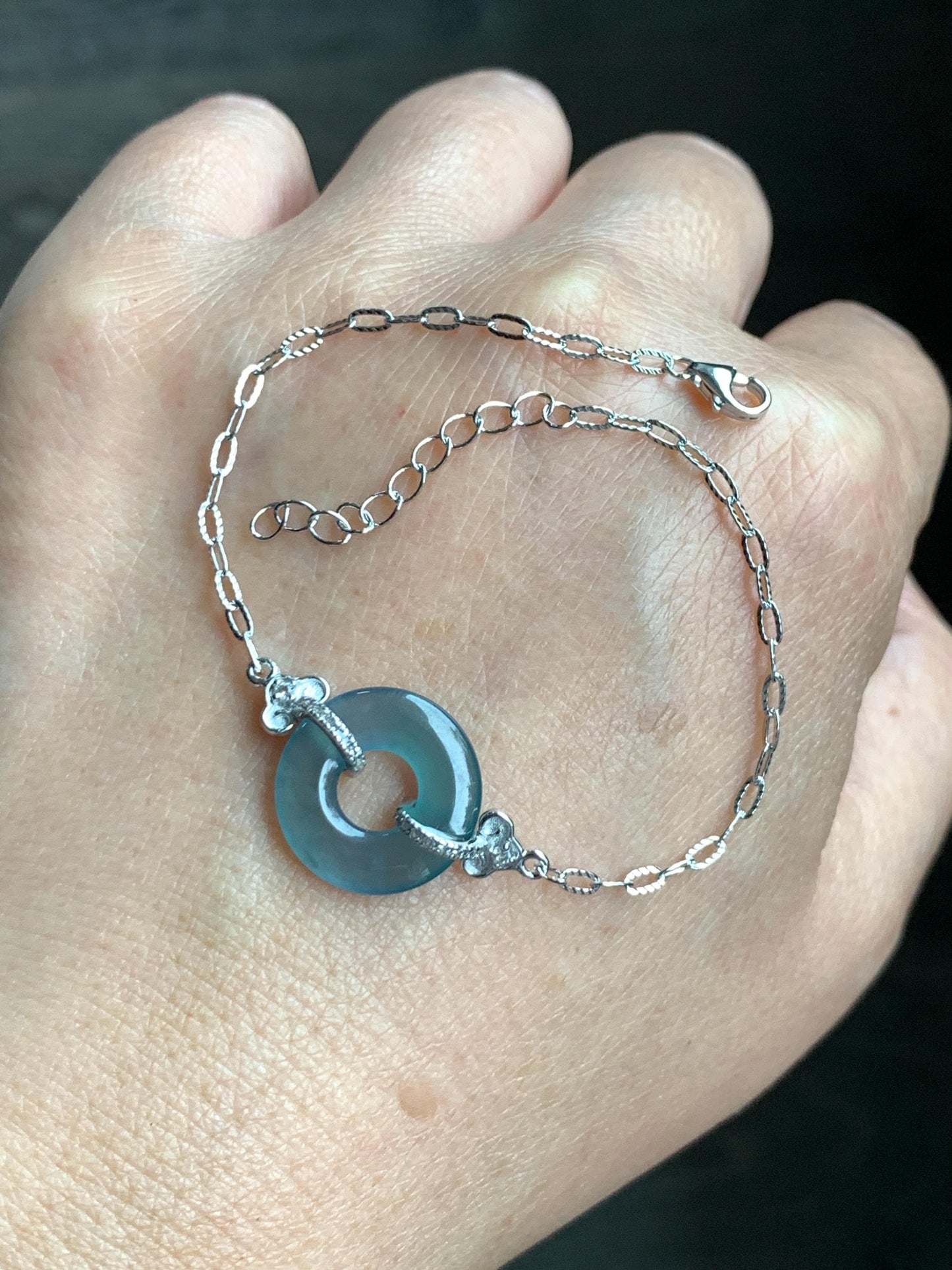Natural Grade A Guatemalan Icy Translucent Teal Blue Jade Jadeite Ping An Kou Donut Bracelet Sterling Silver 6.25”-7.25” 天然冰危蓝翡翠平安扣手链WSL160B