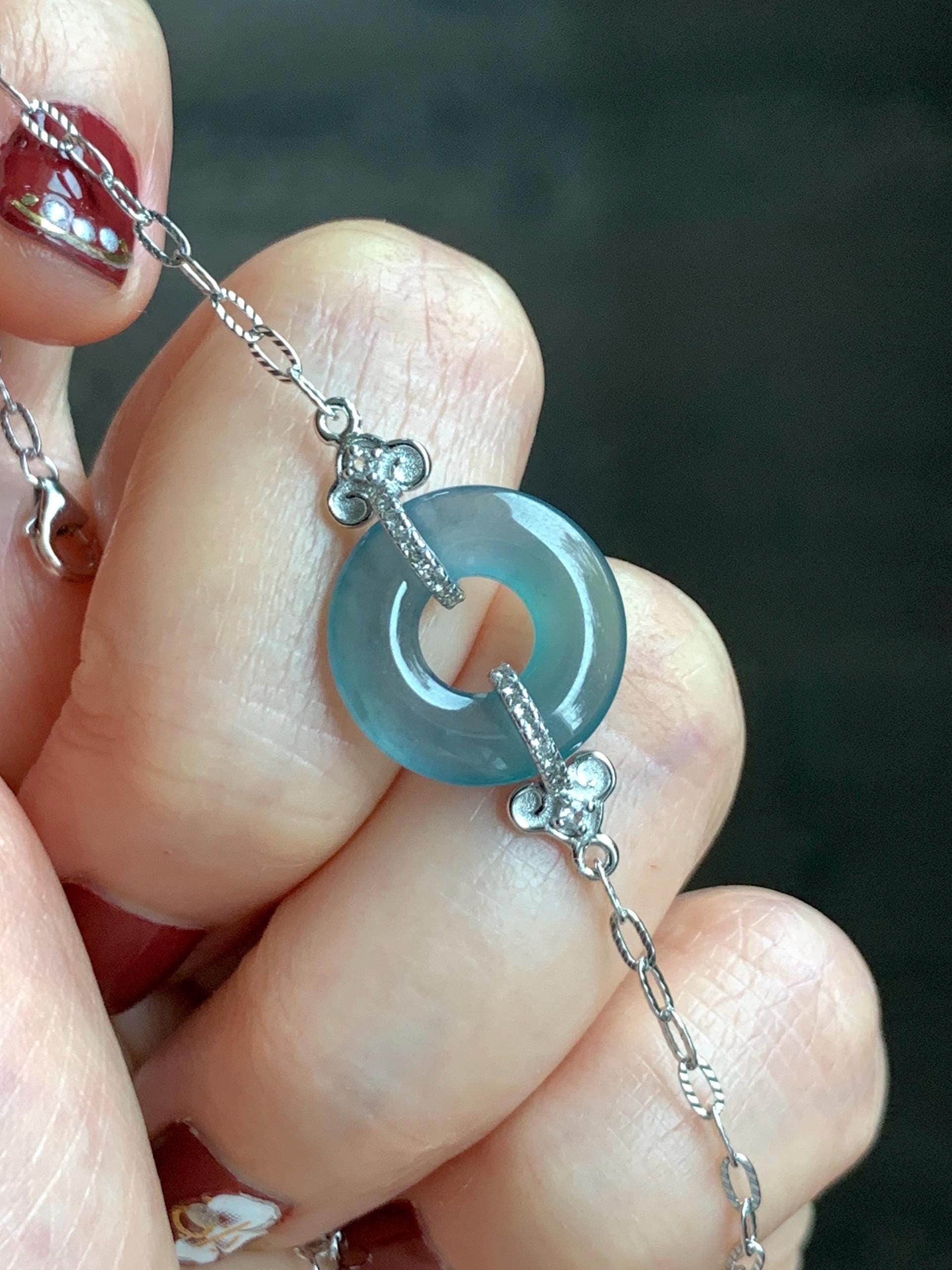 Natural Grade A Guatemalan Icy Translucent Teal Blue Jade Jadeite Ping An Kou Donut Bracelet Sterling Silver 6.25”-7.25” 天然冰危蓝翡翠平安扣手链WSL160B