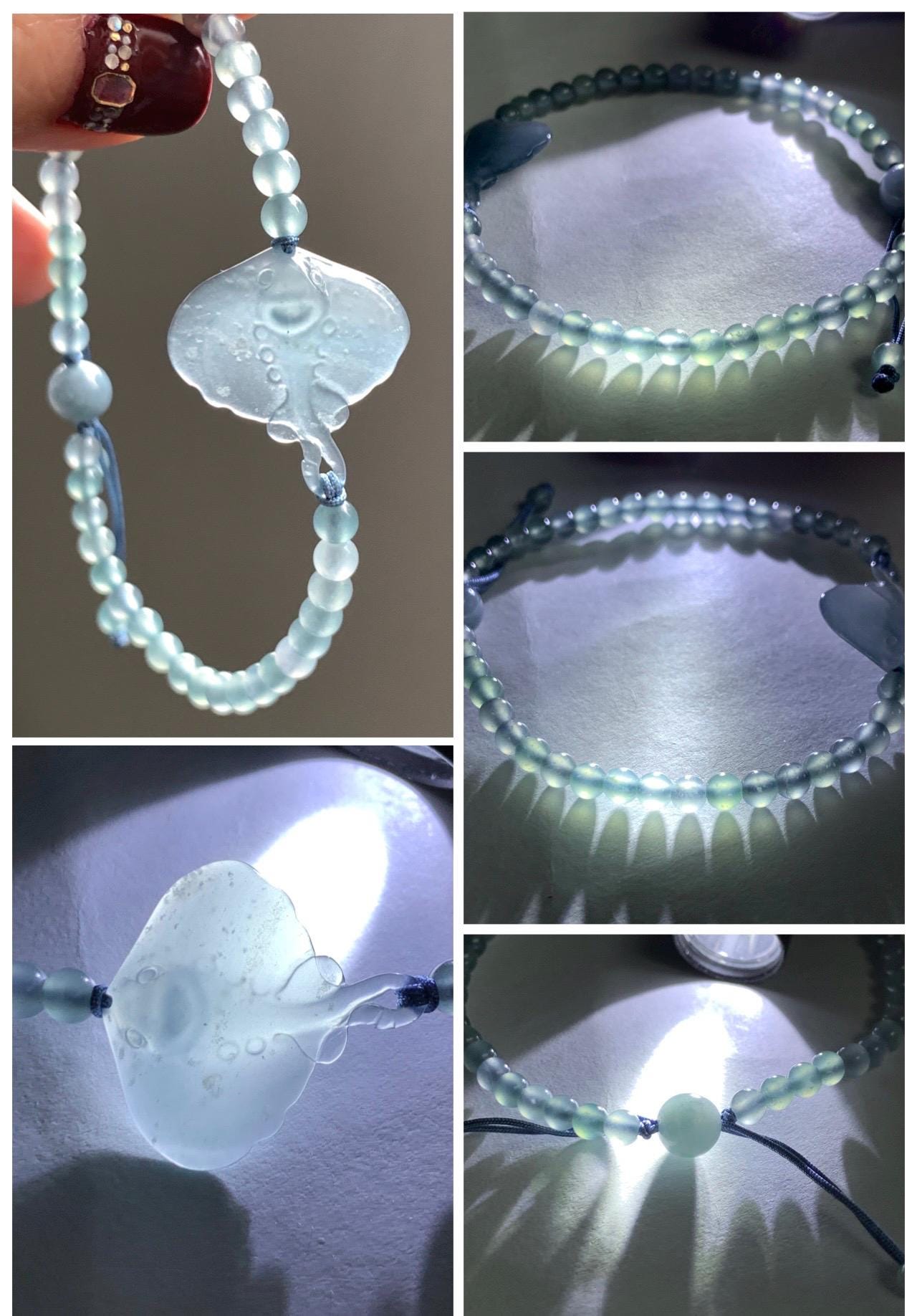 Natural Grade A Guatemalan Icy Highly Translucent Pastel Dusty Blue Jade Jadeite Carved Stingray Beaded Bracelet 7” 3g 天然冰胶淡蓝翡翠珠魟鱼手串 SRC230