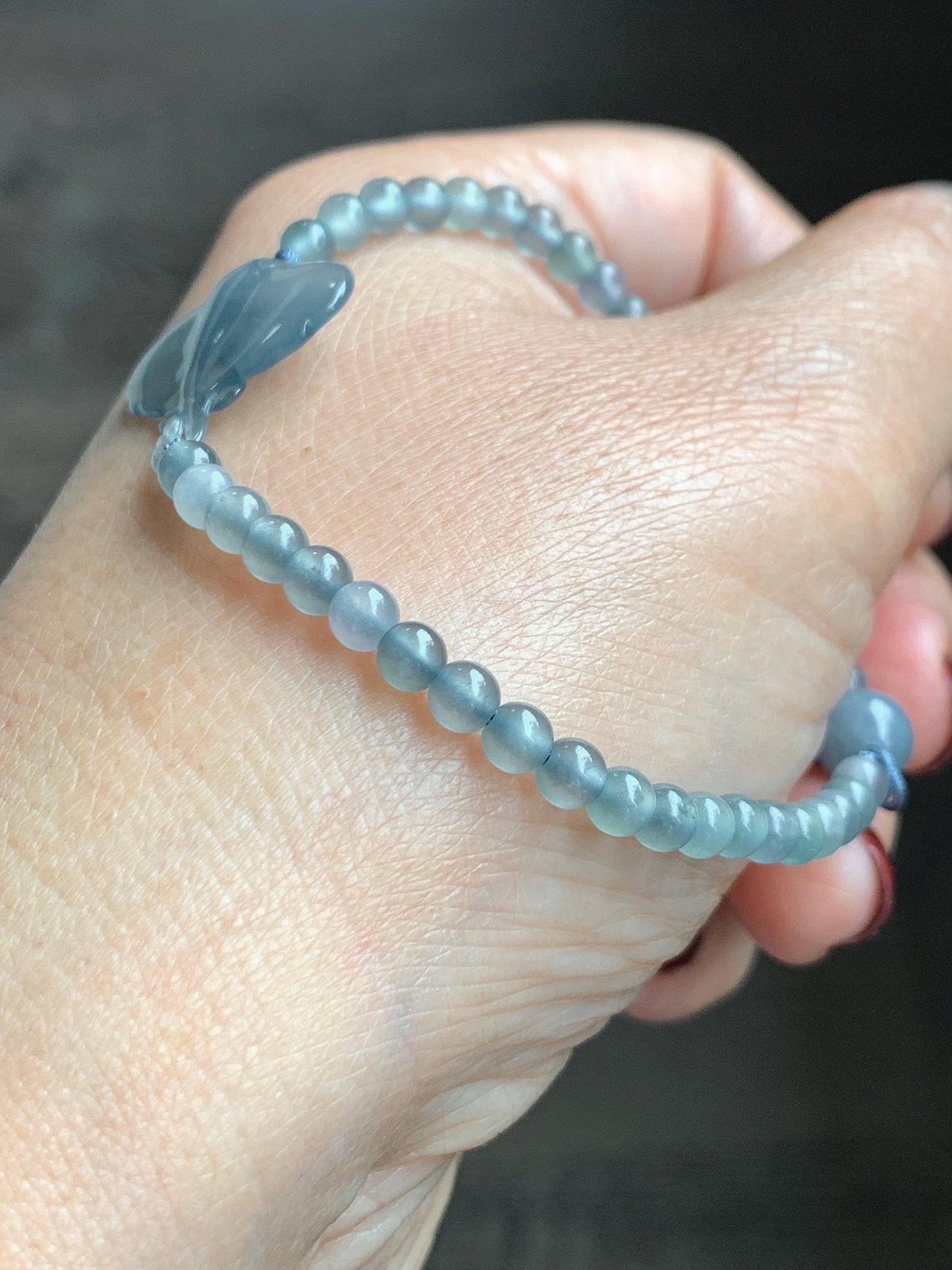 Natural Grade A Guatemalan Icy Highly Translucent Pastel Dusty Blue Jade Jadeite Carved Stingray Beaded Bracelet 7” 3g 天然冰胶淡蓝翡翠珠魟鱼手串 SRC230