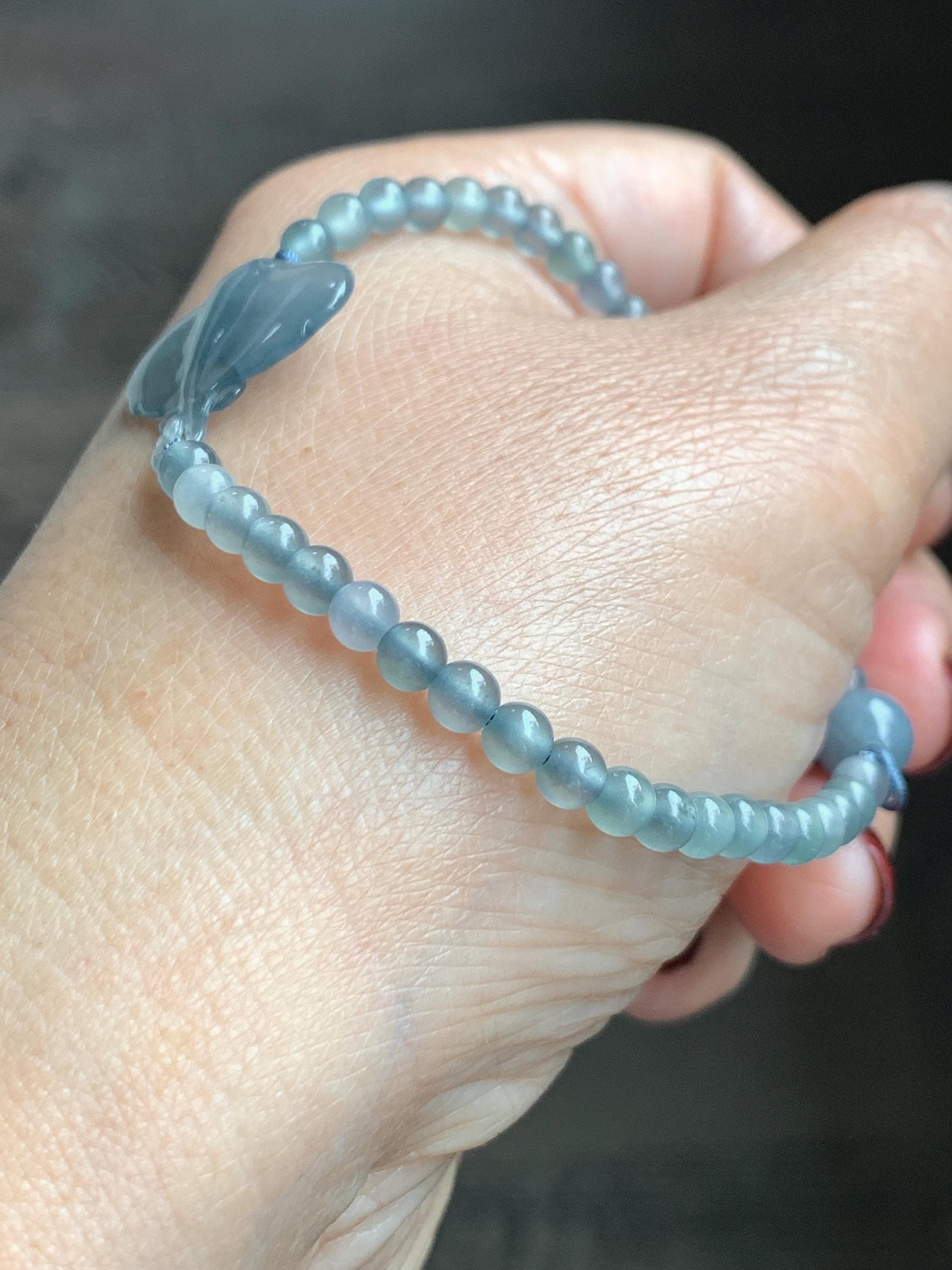 Natural Grade A Guatemalan Icy Highly Translucent Pastel Dusty Blue Jade Jadeite Carved Stingray Beaded Bracelet 7” 3g 天然冰胶淡蓝翡翠珠魟鱼手串 SRC230