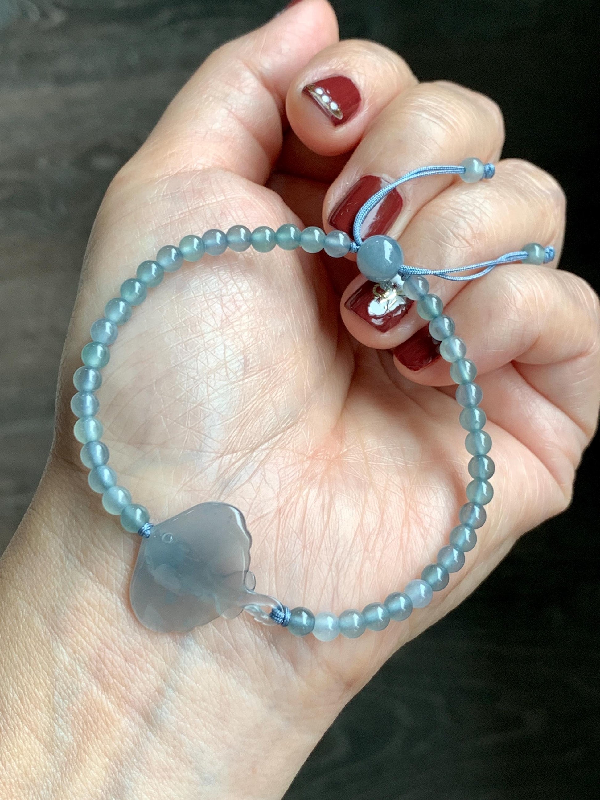 Natural Grade A Guatemalan Icy Highly Translucent Pastel Dusty Blue Jade Jadeite Carved Stingray Beaded Bracelet 7” 3g 天然冰胶淡蓝翡翠珠魟鱼手串 SRC230