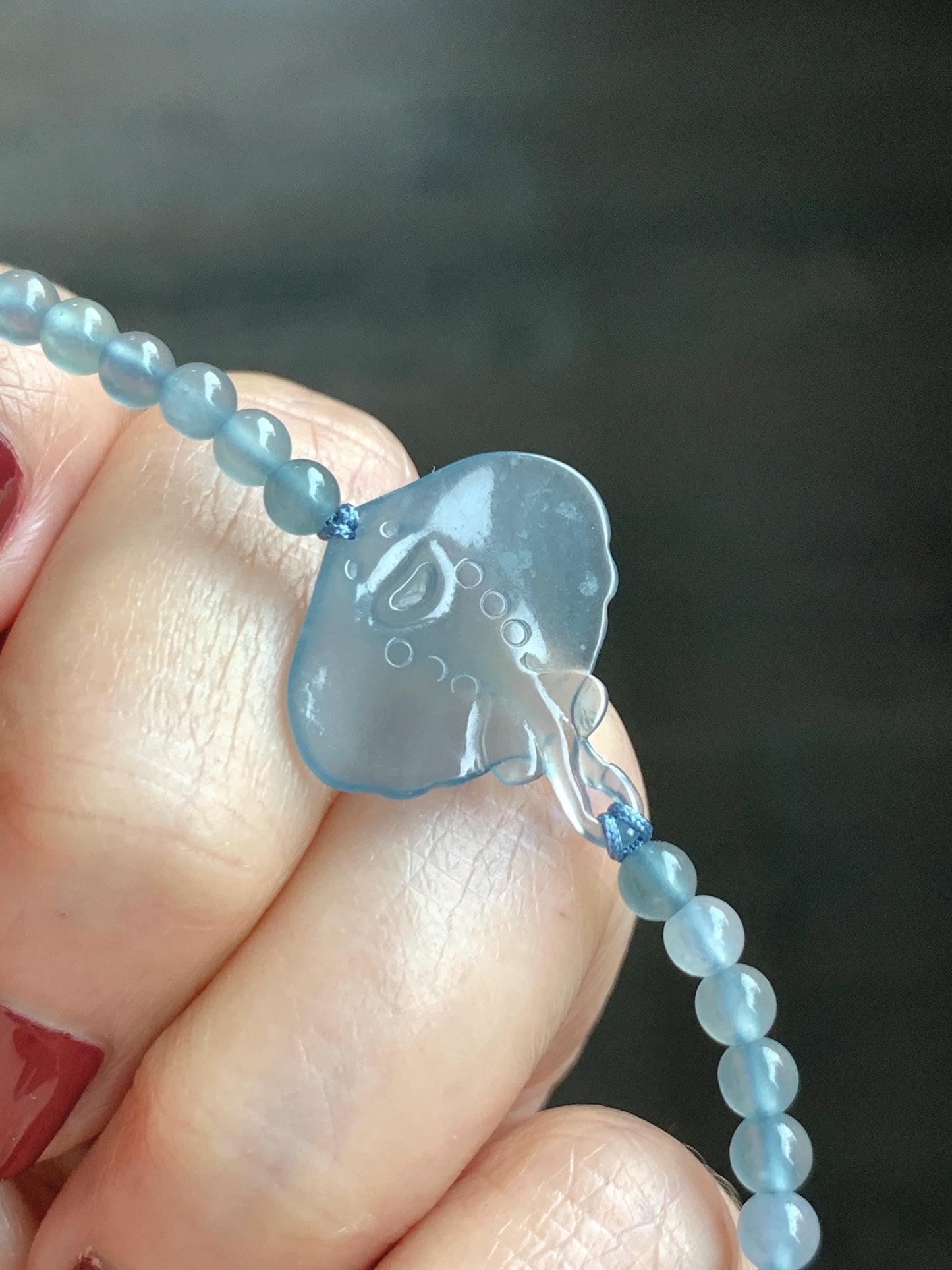 Natural Grade A Guatemalan Icy Highly Translucent Pastel Dusty Blue Jade Jadeite Carved Stingray Beaded Bracelet 7” 3g 天然冰胶淡蓝翡翠珠魟鱼手串 SRC230