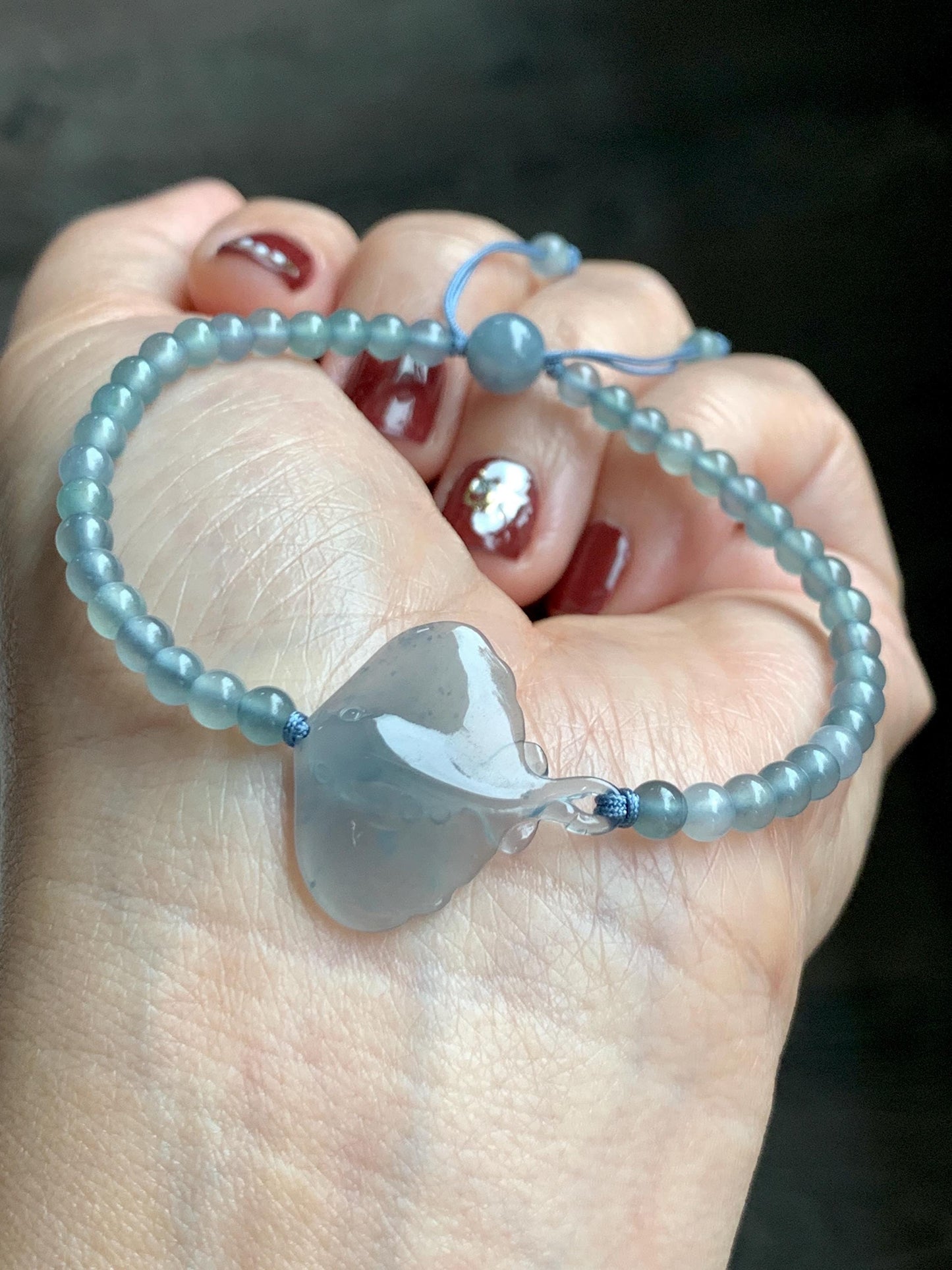 Natural Grade A Guatemalan Icy Highly Translucent Pastel Dusty Blue Jade Jadeite Carved Stingray Beaded Bracelet 7” 3g 天然冰胶淡蓝翡翠珠魟鱼手串 SRC230