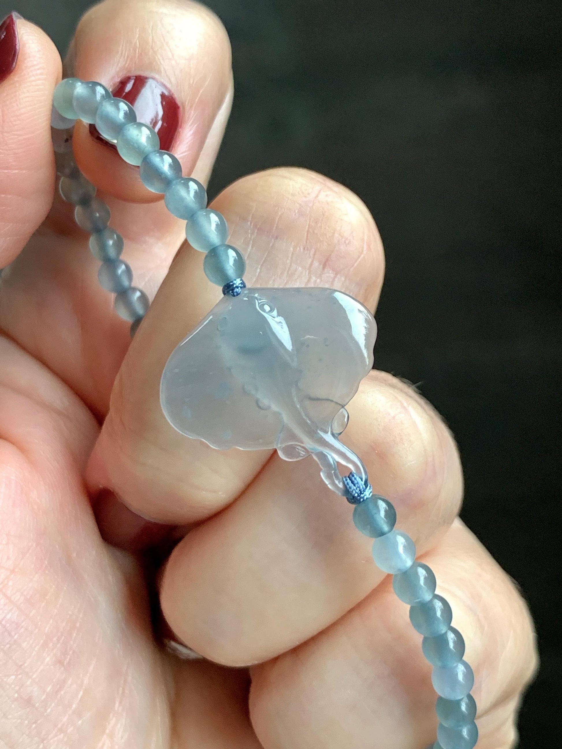 Natural Grade A Guatemalan Icy Highly Translucent Pastel Dusty Blue Jade Jadeite Carved Stingray Beaded Bracelet 7” 3g 天然冰胶淡蓝翡翠珠魟鱼手串 SRC230