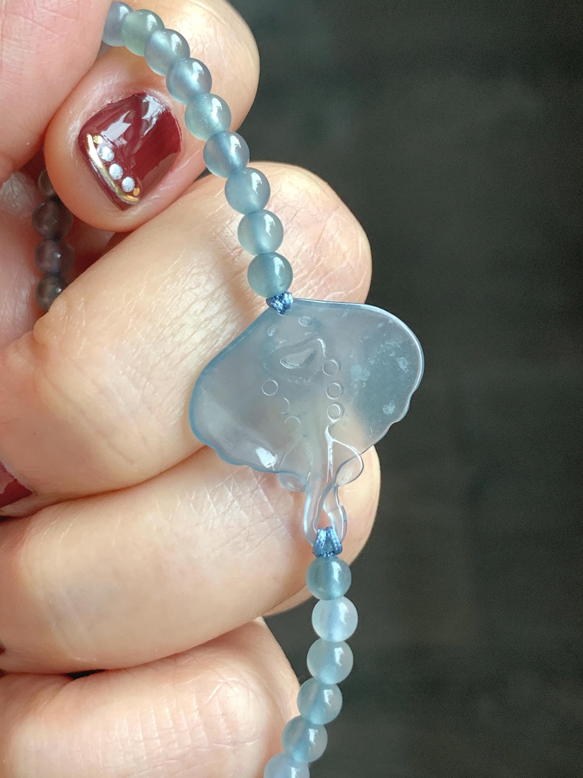 Natural Grade A Guatemalan Icy Highly Translucent Pastel Dusty Blue Jade Jadeite Carved Stingray Beaded Bracelet 7” 3g 天然冰胶淡蓝翡翠珠魟鱼手串 SRC230