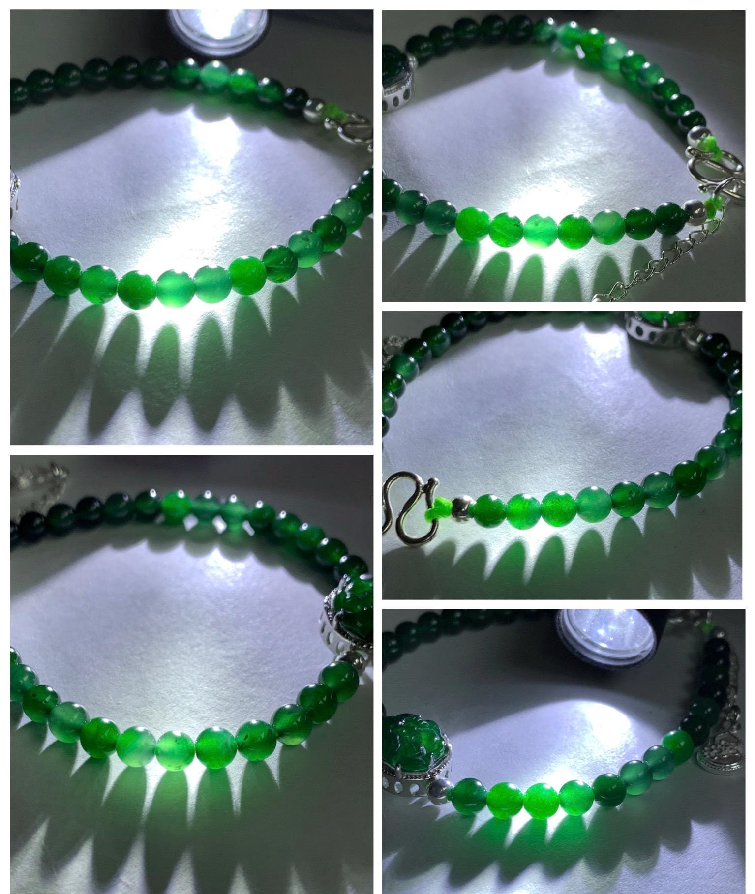 Natural Guatemalan Icy Translucent Vibrant Green Jade Jadeite Lotus Flower Beaded Bracelet Sterling Silver 6.25”-7.25” 天然冰危绿翡翠莲花绿珠手串 LLH365