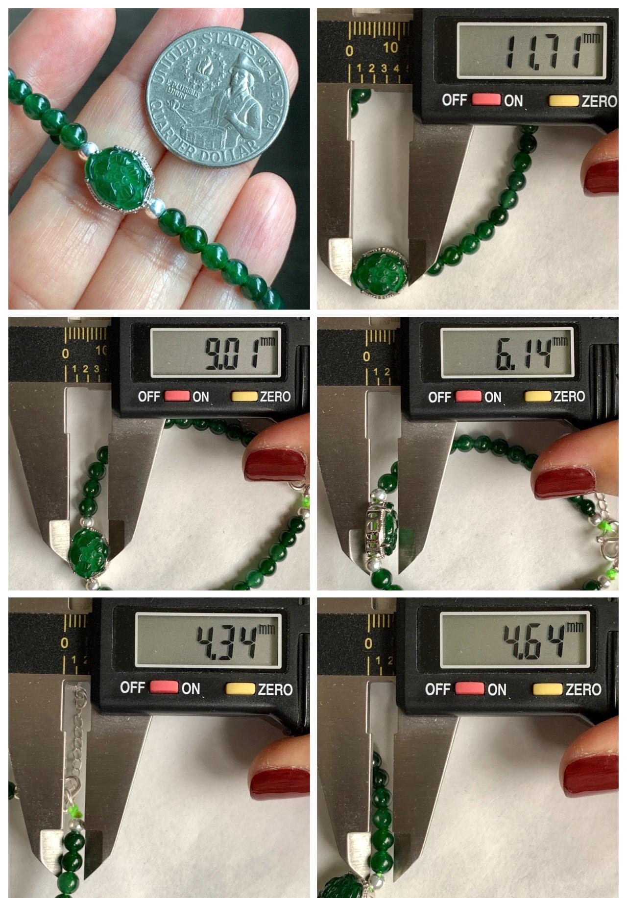 Natural Guatemalan Icy Translucent Vibrant Green Jade Jadeite Lotus Flower Beaded Bracelet Sterling Silver 6.25”-7.25” 天然冰危绿翡翠莲花绿珠手串 LLH365