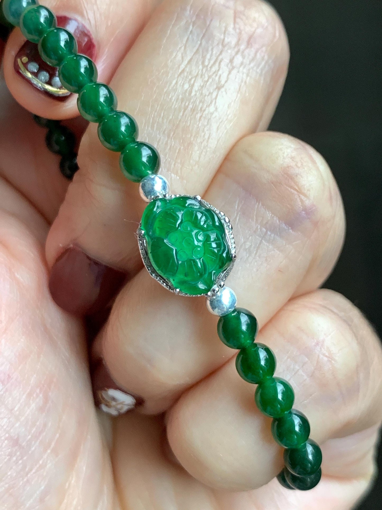 Natural Guatemalan Icy Translucent Vibrant Green Jade Jadeite Lotus Flower Beaded Bracelet Sterling Silver 6.25”-7.25” 天然冰危绿翡翠莲花绿珠手串 LLH365