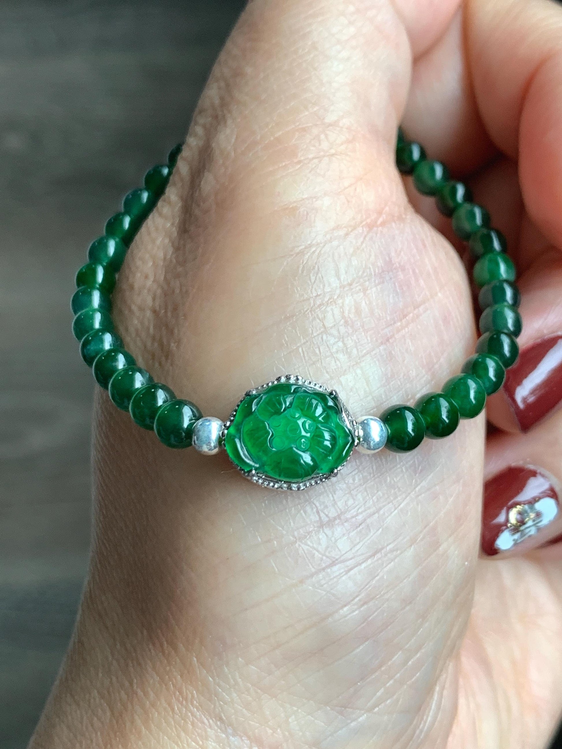 Natural Guatemalan Icy Translucent Vibrant Green Jade Jadeite Lotus Flower Beaded Bracelet Sterling Silver 6.25”-7.25” 天然冰危绿翡翠莲花绿珠手串 LLH365