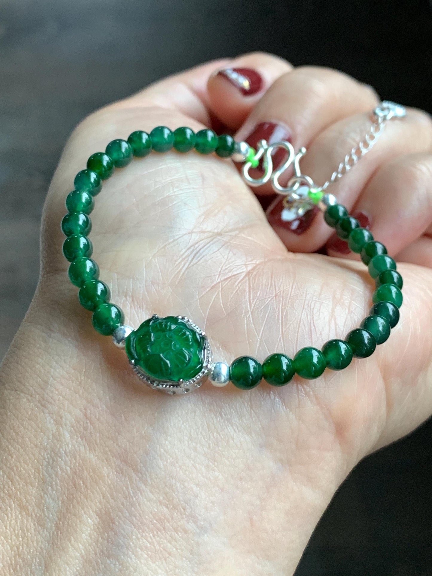 Natural Guatemalan Icy Translucent Vibrant Green Jade Jadeite Lotus Flower Beaded Bracelet Sterling Silver 6.25”-7.25” 天然冰危绿翡翠莲花绿珠手串 LLH365