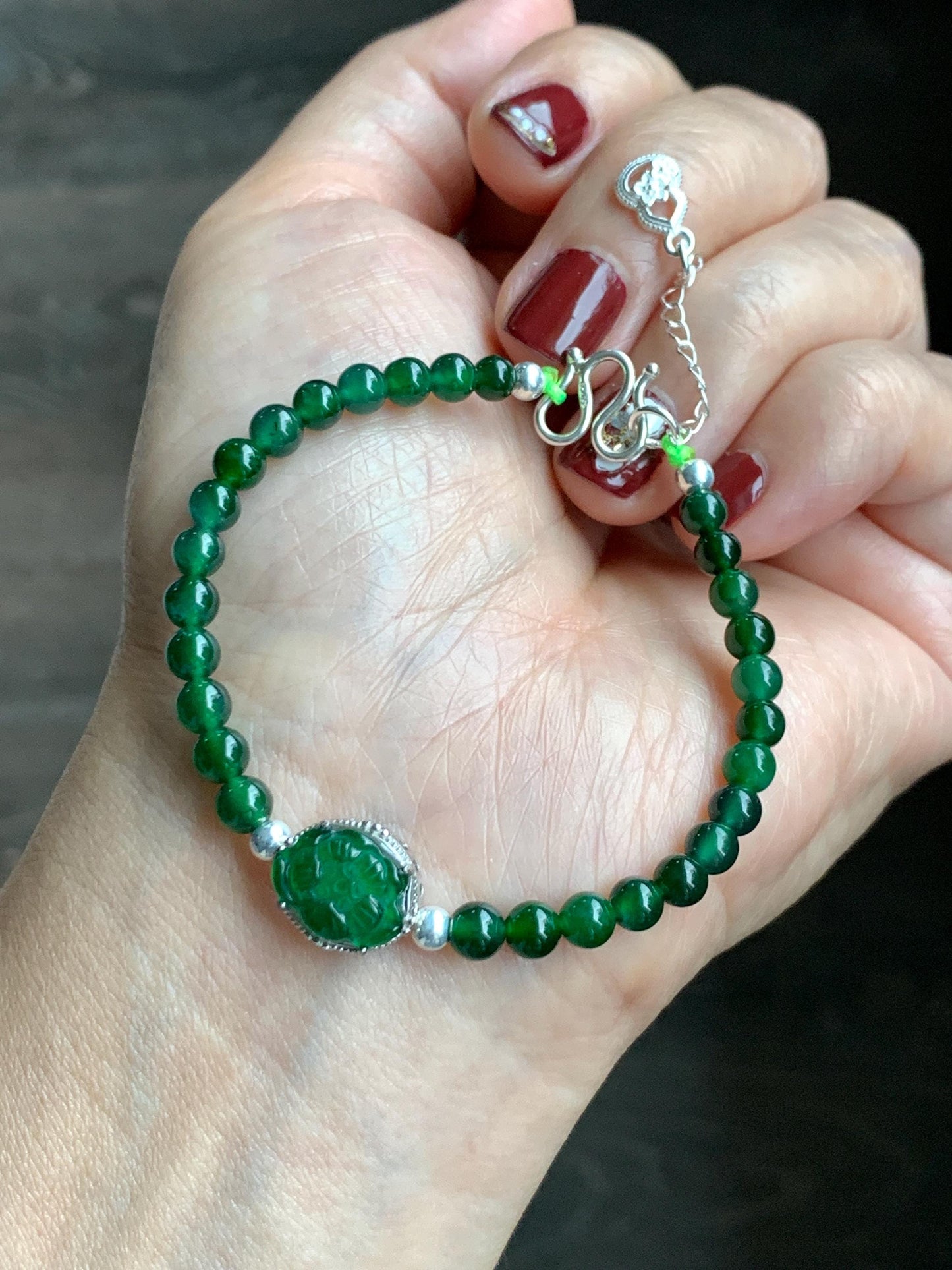 Natural Guatemalan Icy Translucent Vibrant Green Jade Jadeite Lotus Flower Beaded Bracelet Sterling Silver 6.25”-7.25” 天然冰危绿翡翠莲花绿珠手串 LLH365