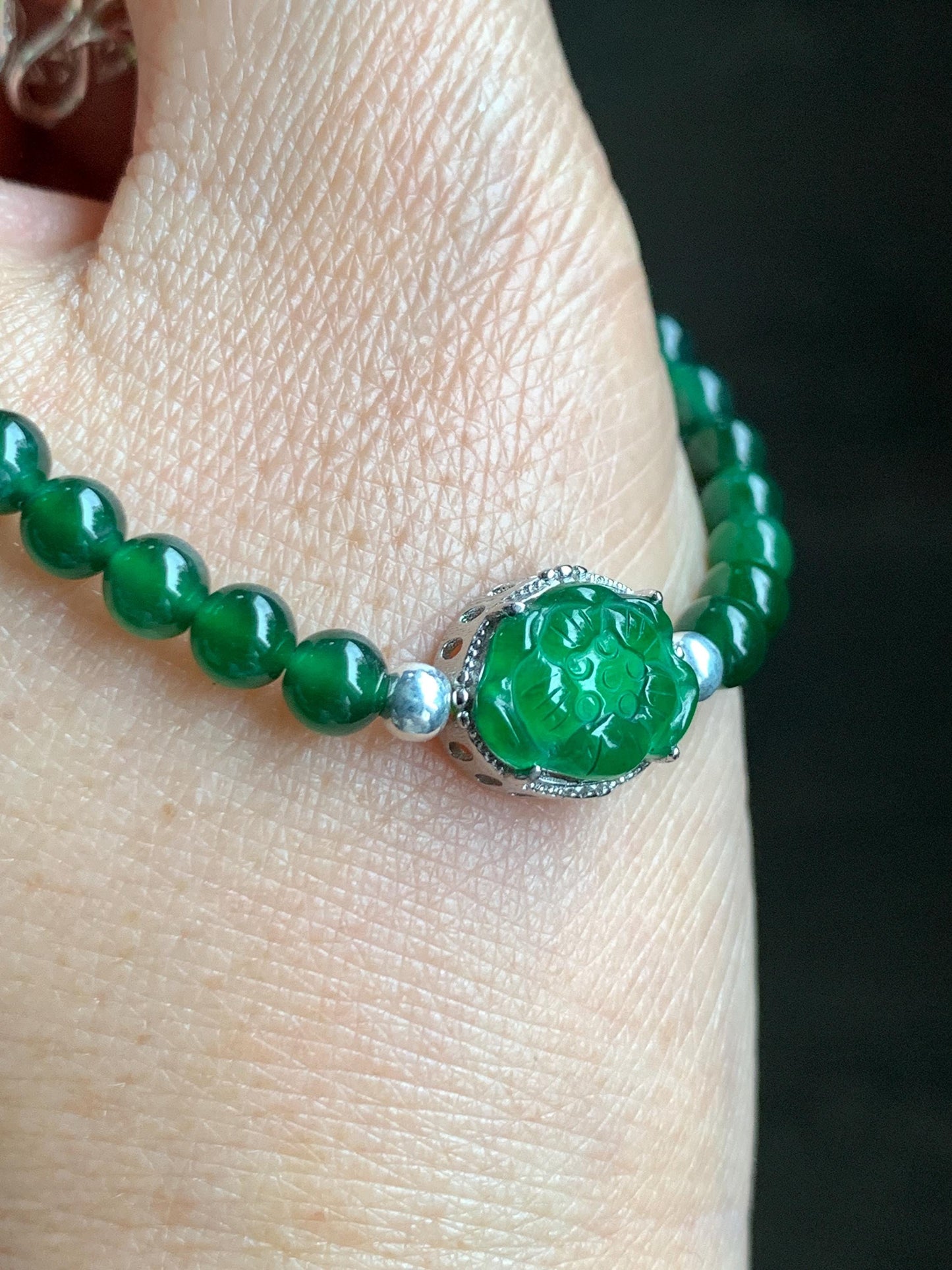 Natural Guatemalan Icy Translucent Vibrant Green Jade Jadeite Lotus Flower Beaded Bracelet Sterling Silver 6.25”-7.25” 天然冰危绿翡翠莲花绿珠手串 LLH365