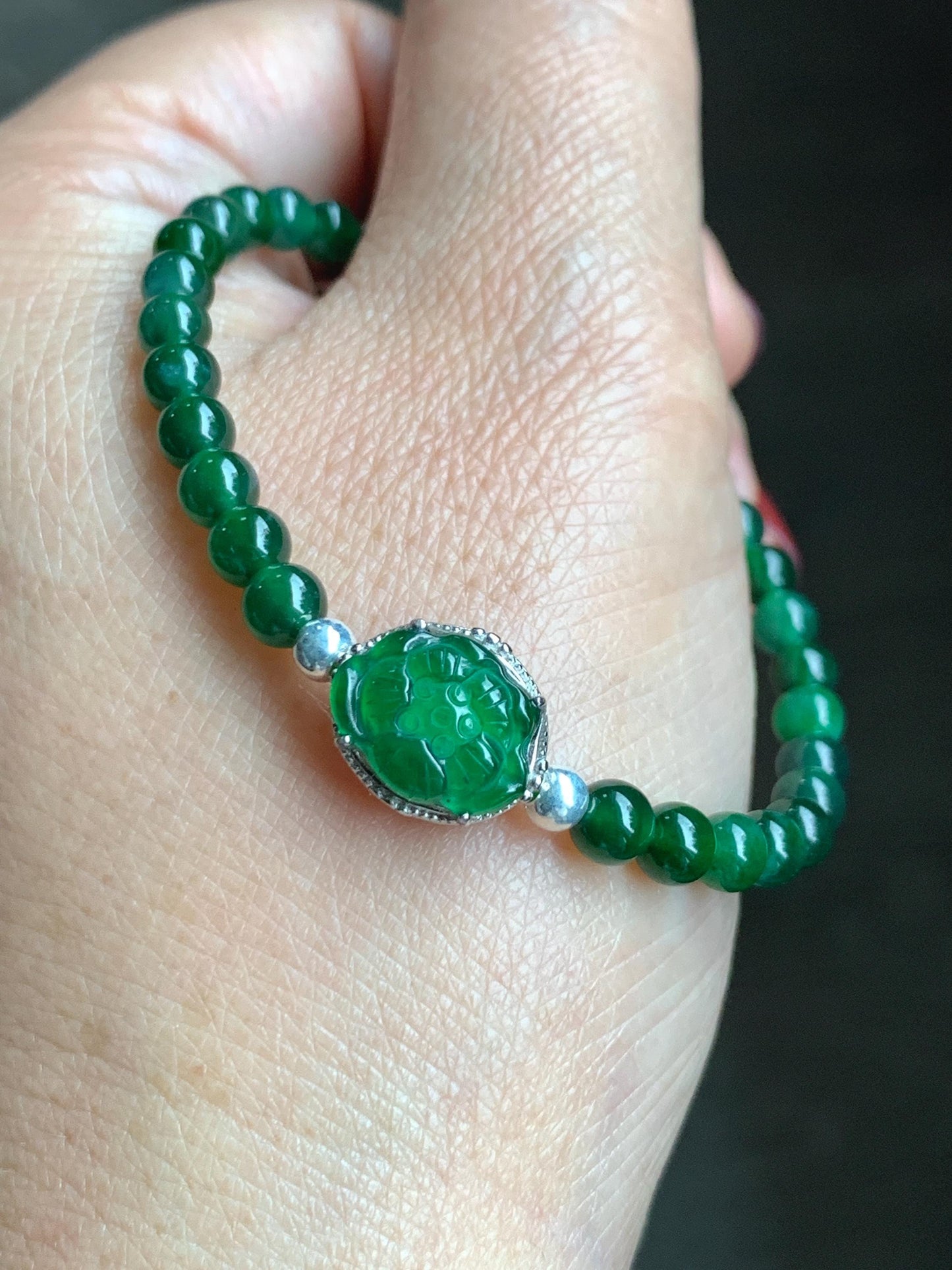 Natural Guatemalan Icy Translucent Vibrant Green Jade Jadeite Lotus Flower Beaded Bracelet Sterling Silver 6.25”-7.25” 天然冰危绿翡翠莲花绿珠手串 LLH365