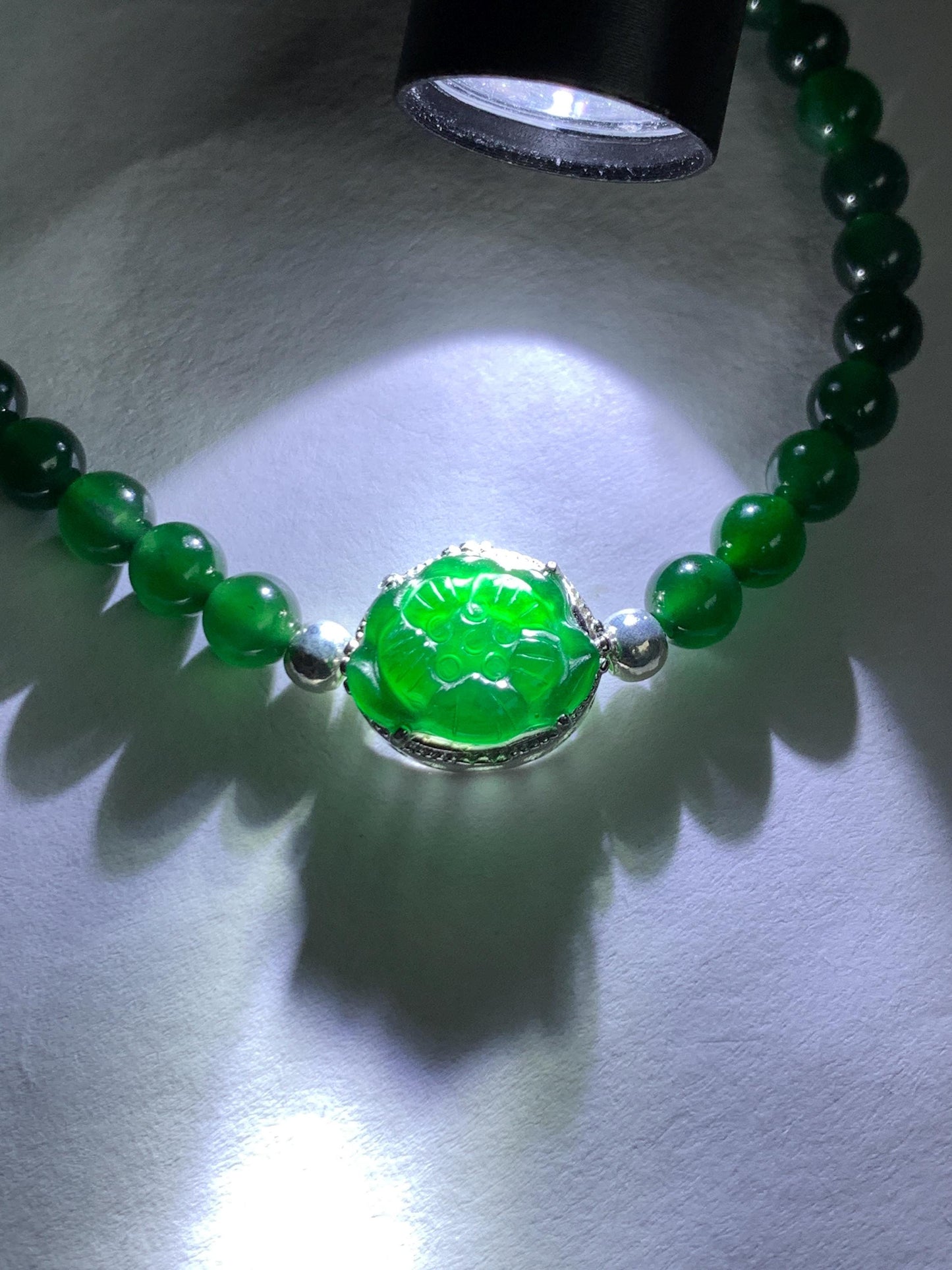 Natural Guatemalan Icy Translucent Vibrant Green Jade Jadeite Lotus Flower Beaded Bracelet Sterling Silver 6.25”-7.25” 天然冰危绿翡翠莲花绿珠手串 LLH365