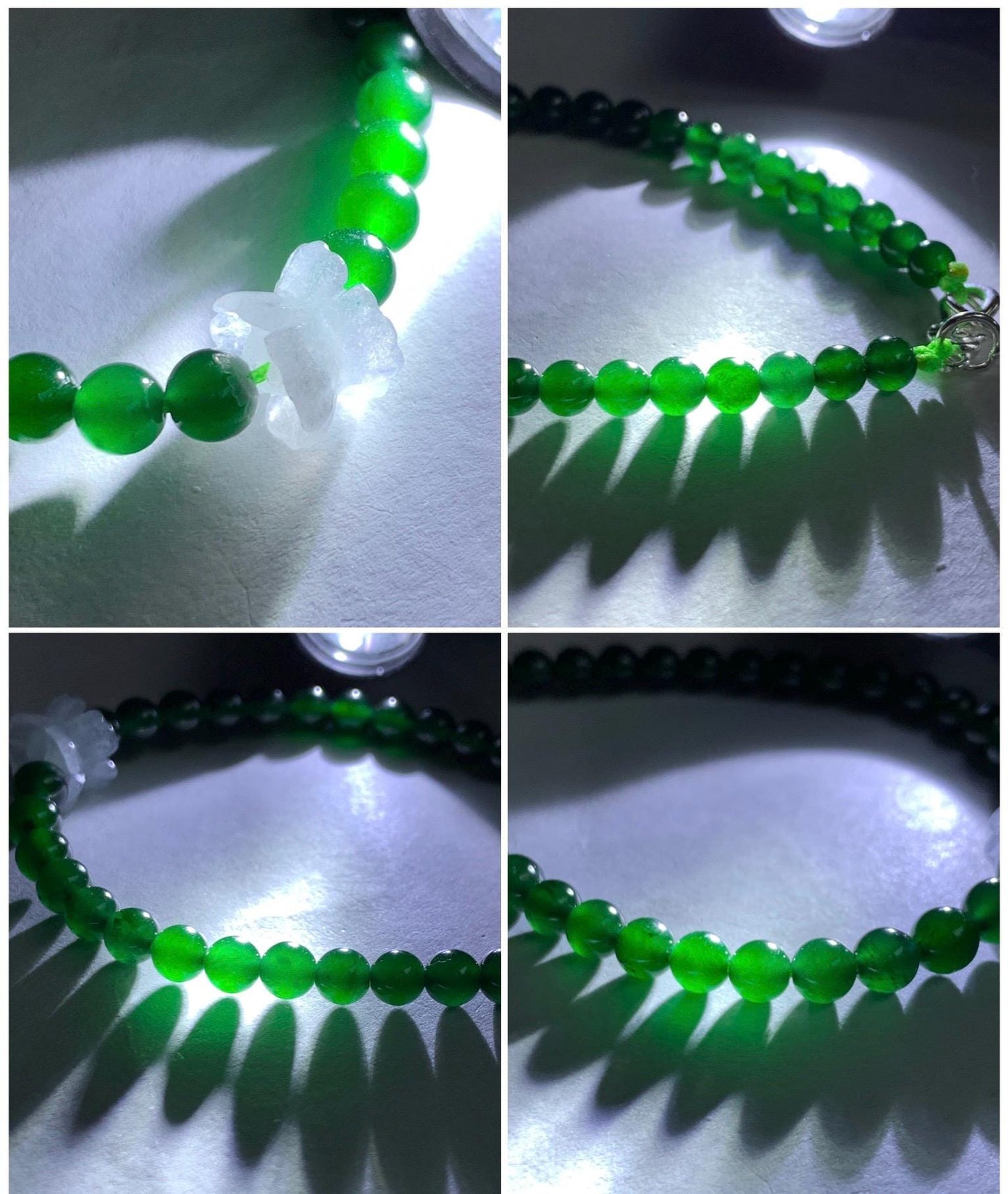 Natural Grade A Guatemalan Icy Translucent Vibrant Green Jade Jadeite White Joint Lotus Flowers Beaded Bracelet 6.75” 天然冰危绿翡翠圆珠白冰手串并蒂莲手串 BLL