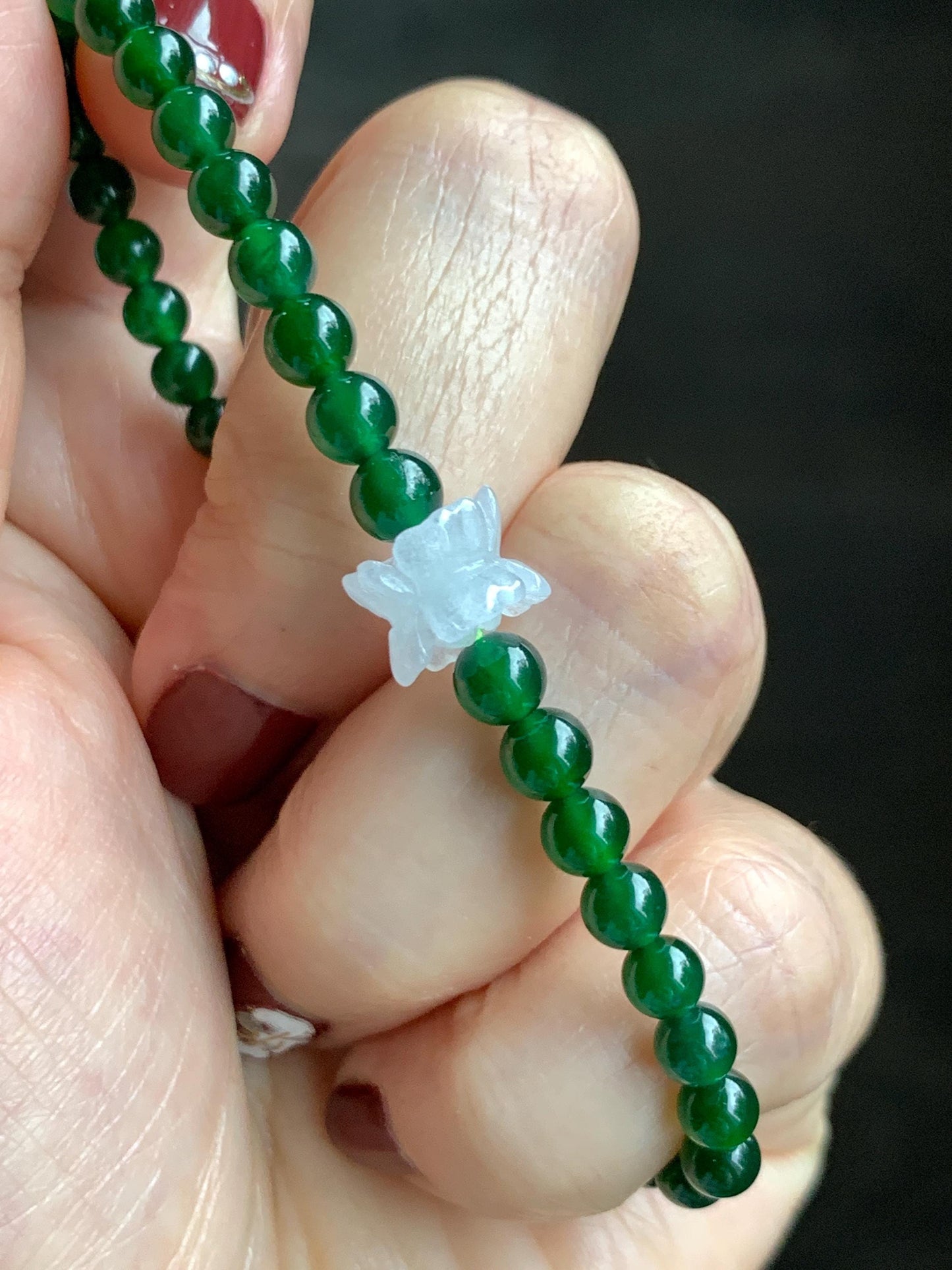 Natural Grade A Guatemalan Icy Translucent Vibrant Green Jade Jadeite White Joint Lotus Flowers Beaded Bracelet 6.75” 天然冰危绿翡翠圆珠白冰手串并蒂莲手串 BLL
