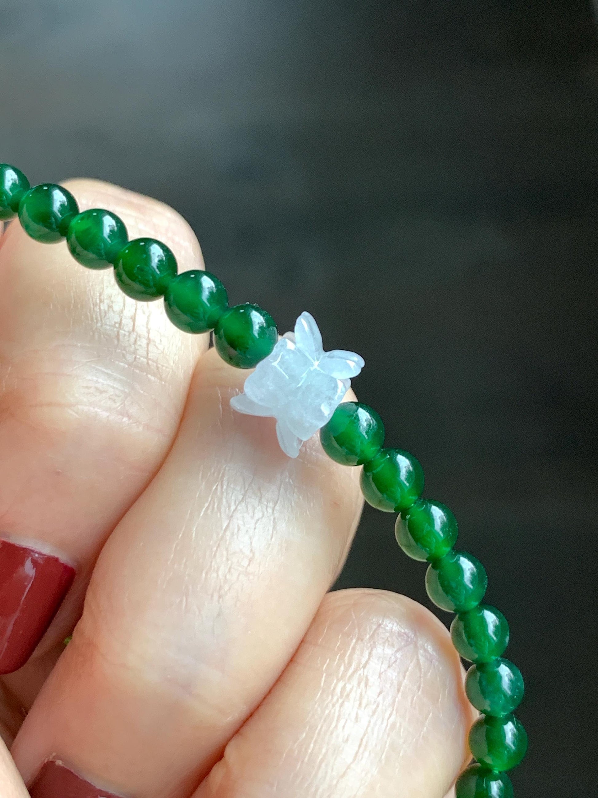 Natural Grade A Guatemalan Icy Translucent Vibrant Green Jade Jadeite White Joint Lotus Flowers Beaded Bracelet 6.75” 天然冰危绿翡翠圆珠白冰手串并蒂莲手串 BLL