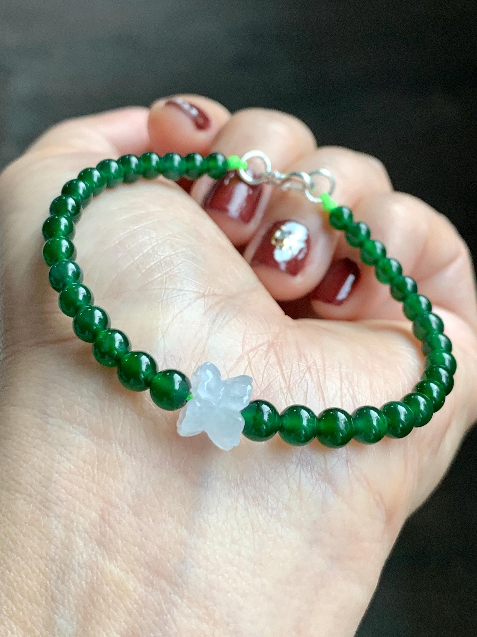 Natural Grade A Guatemalan Icy Translucent Vibrant Green Jade Jadeite White Joint Lotus Flowers Beaded Bracelet 6.75” 天然冰危绿翡翠圆珠白冰手串并蒂莲手串 BLL