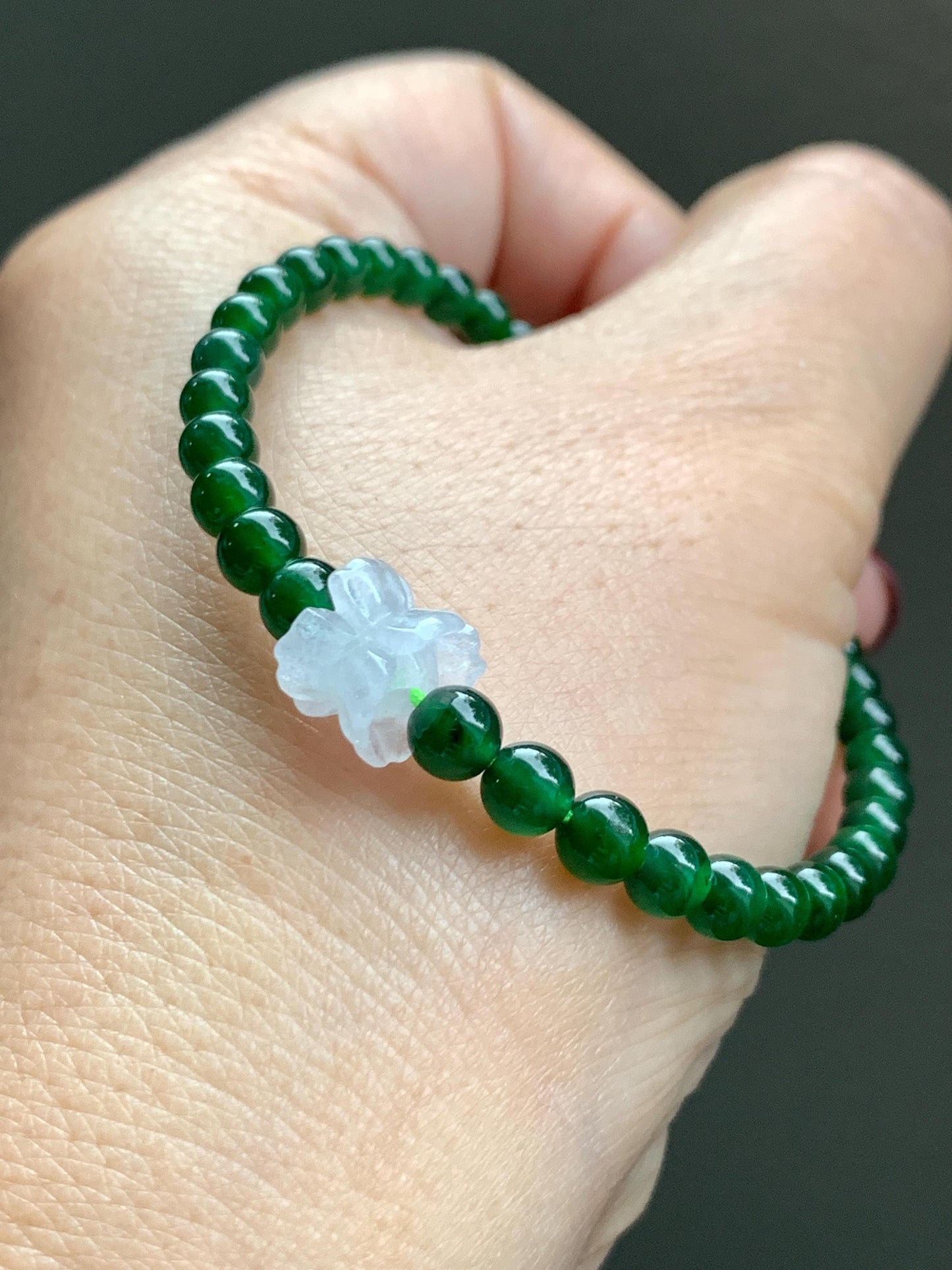 Natural Grade A Guatemalan Icy Translucent Vibrant Green Jade Jadeite White Joint Lotus Flowers Beaded Bracelet 6.75” 天然冰危绿翡翠圆珠白冰手串并蒂莲手串 BLL