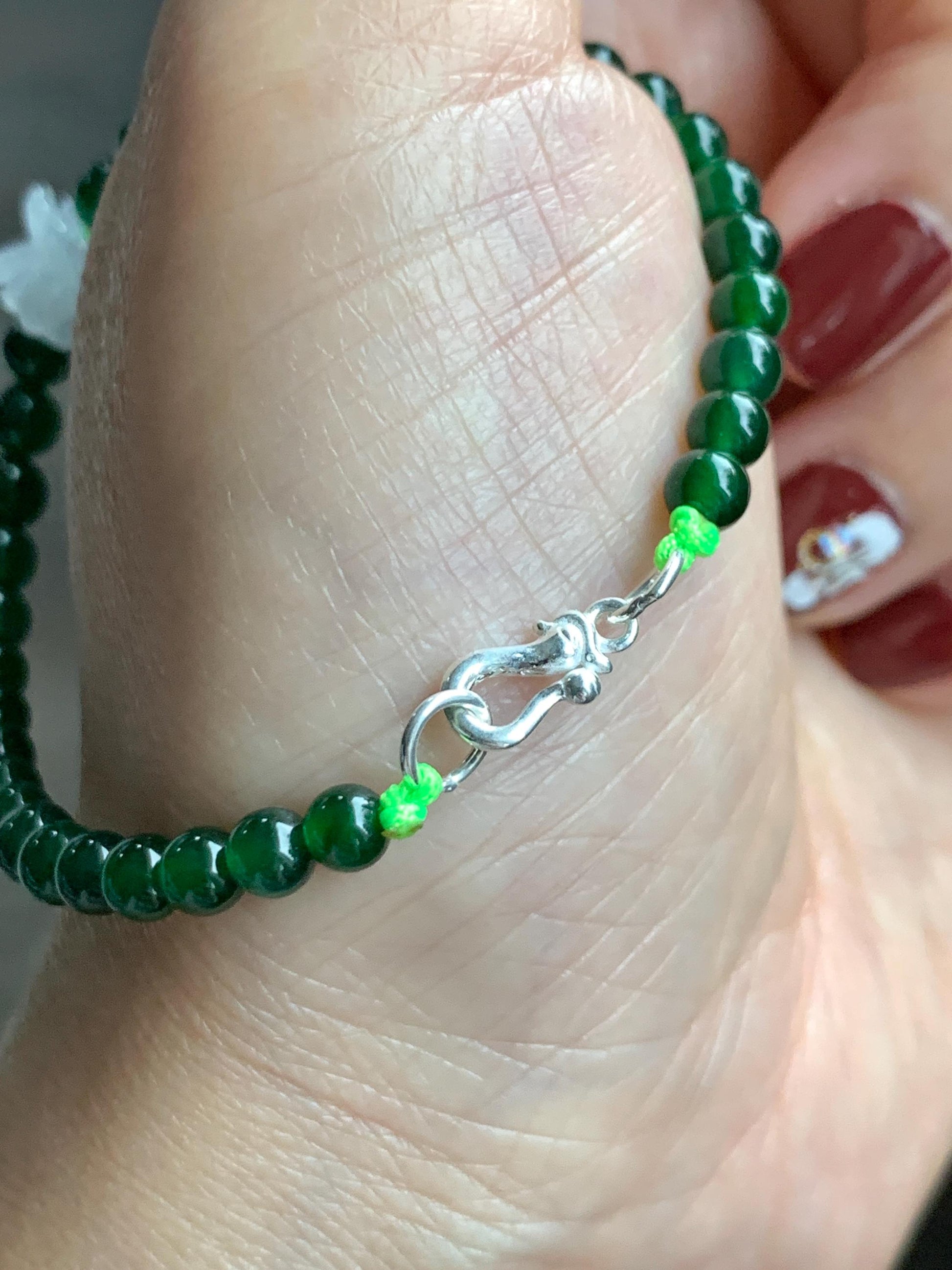 Natural Grade A Guatemalan Icy Translucent Vibrant Green Jade Jadeite White Joint Lotus Flowers Beaded Bracelet 6.75” 天然冰危绿翡翠圆珠白冰手串并蒂莲手串 BLL
