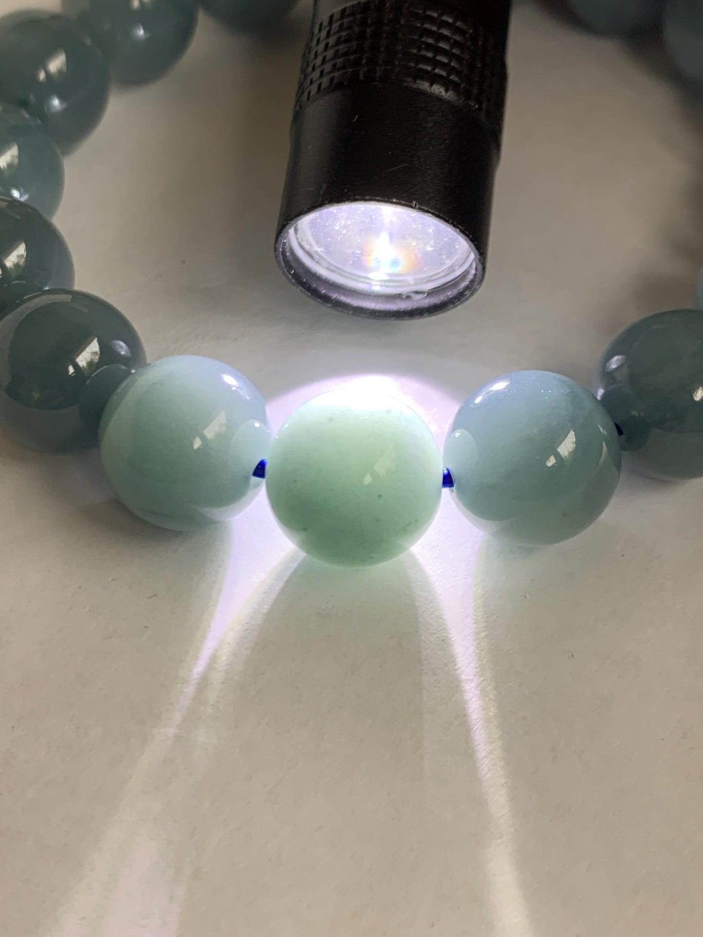 Natural Grade A Guatemalan Translucent Dusty Blue Marbled Jade Jadeite Large Beads Beaded Bracelet Stretchy 11.7mm 7.25" 47g 天然危蓝飘花翡翠大卡圆珠手串
