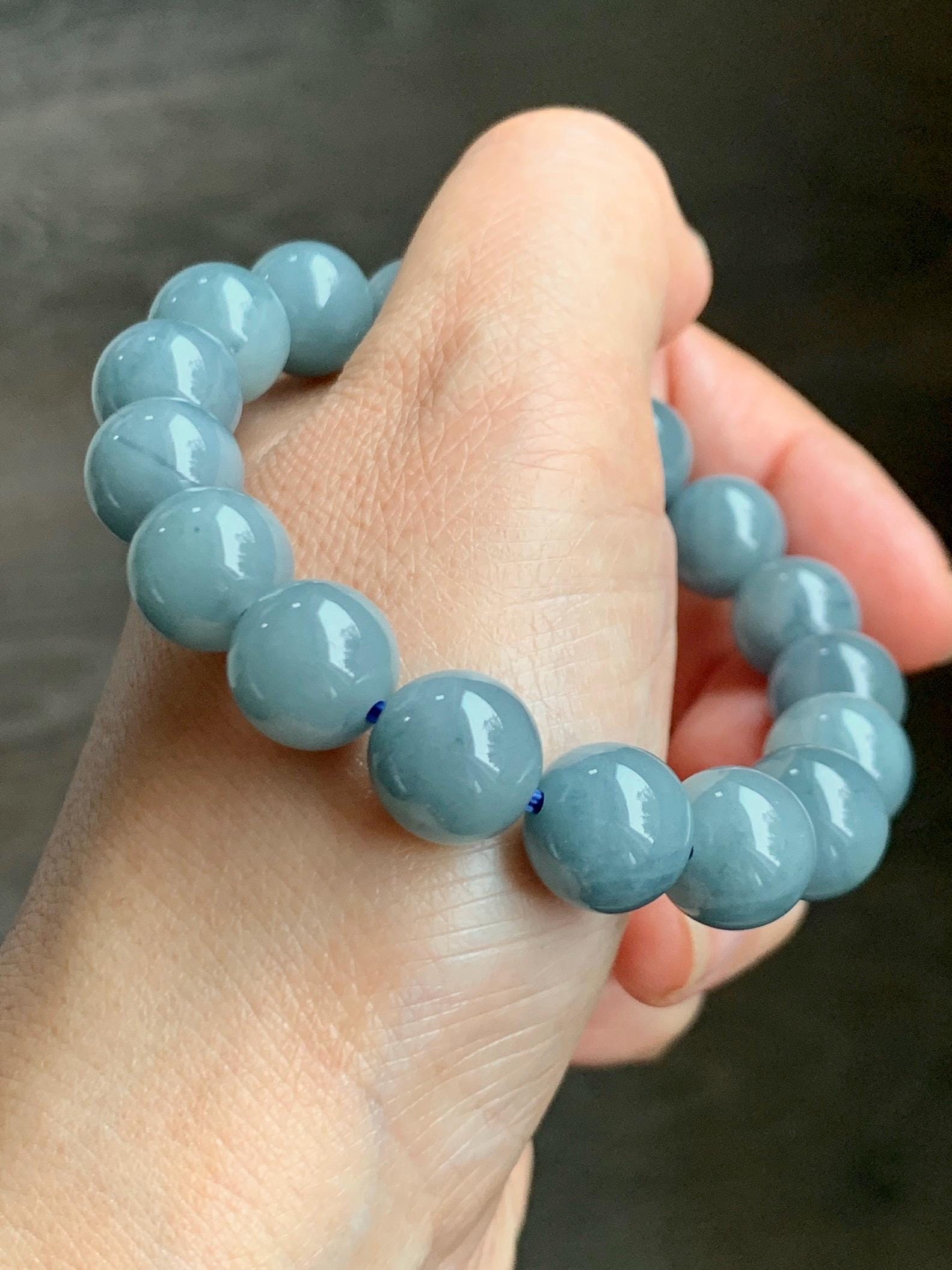 Natural Grade A Guatemalan Translucent Dusty Blue Marbled Jade Jadeite Large Beads Beaded Bracelet Stretchy 11.7mm 7.25" 47g 天然危蓝飘花翡翠大卡圆珠手串