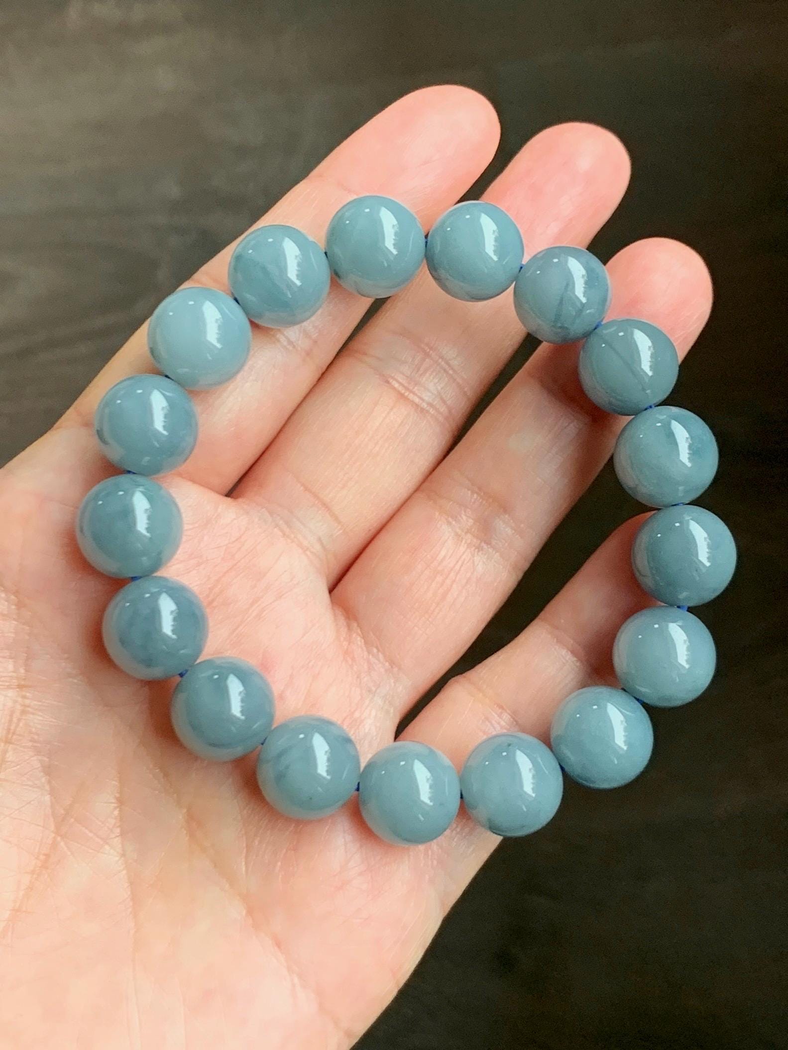 Natural Grade A Guatemalan Translucent Dusty Blue Marbled Jade Jadeite Large Beads Beaded Bracelet Stretchy 11.7mm 7.25" 47g 天然危蓝飘花翡翠大卡圆珠手串