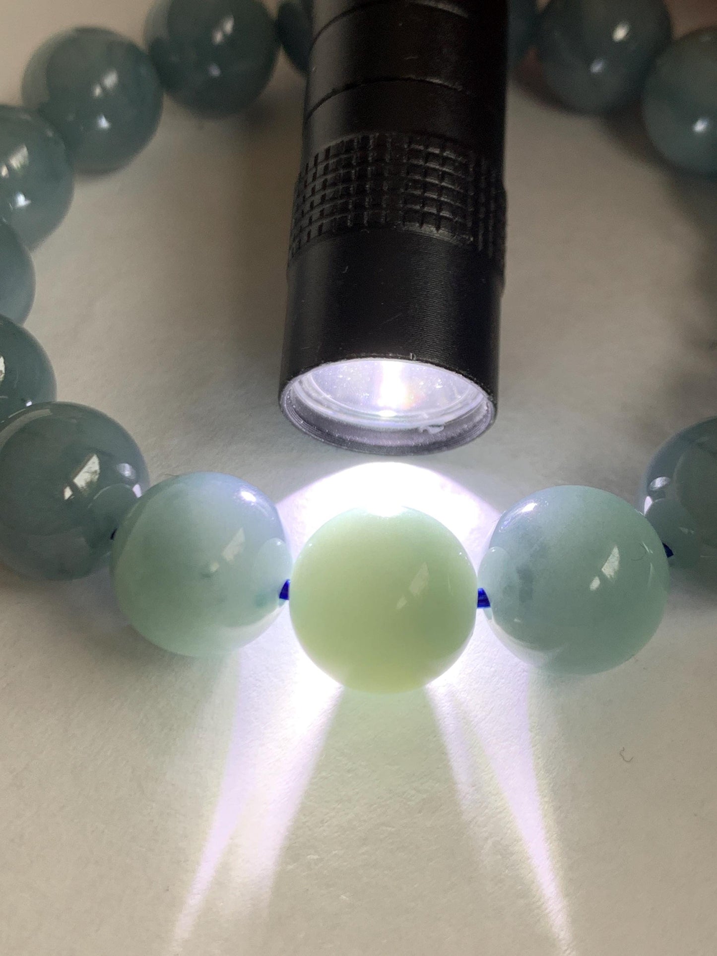 Natural Grade A Guatemalan Translucent Dusty Blue Marbled Jade Jadeite Large Beads Beaded Bracelet Stretchy 11.7mm 7.25" 47g 天然危蓝飘花翡翠大卡圆珠手串