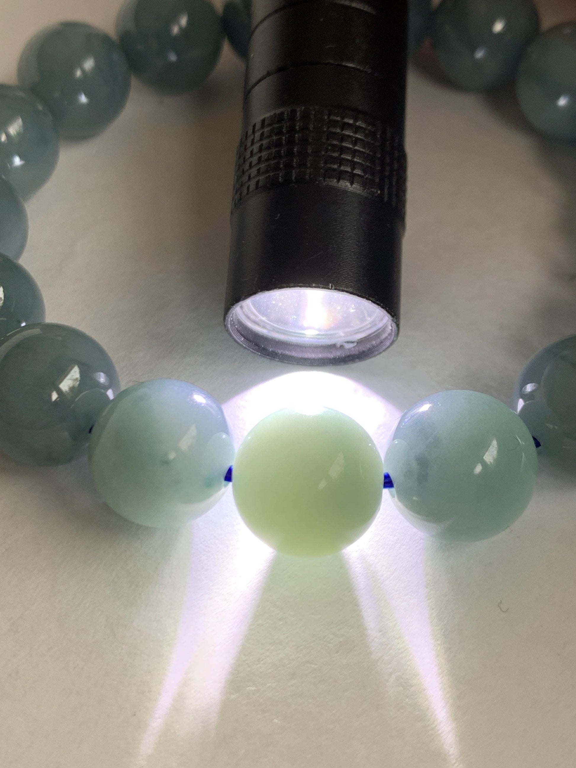 Natural Grade A Guatemalan Translucent Dusty Blue Marbled Jade Jadeite Large Beads Beaded Bracelet Stretchy 11.7mm 7.25" 47g 天然危蓝飘花翡翠大卡圆珠手串