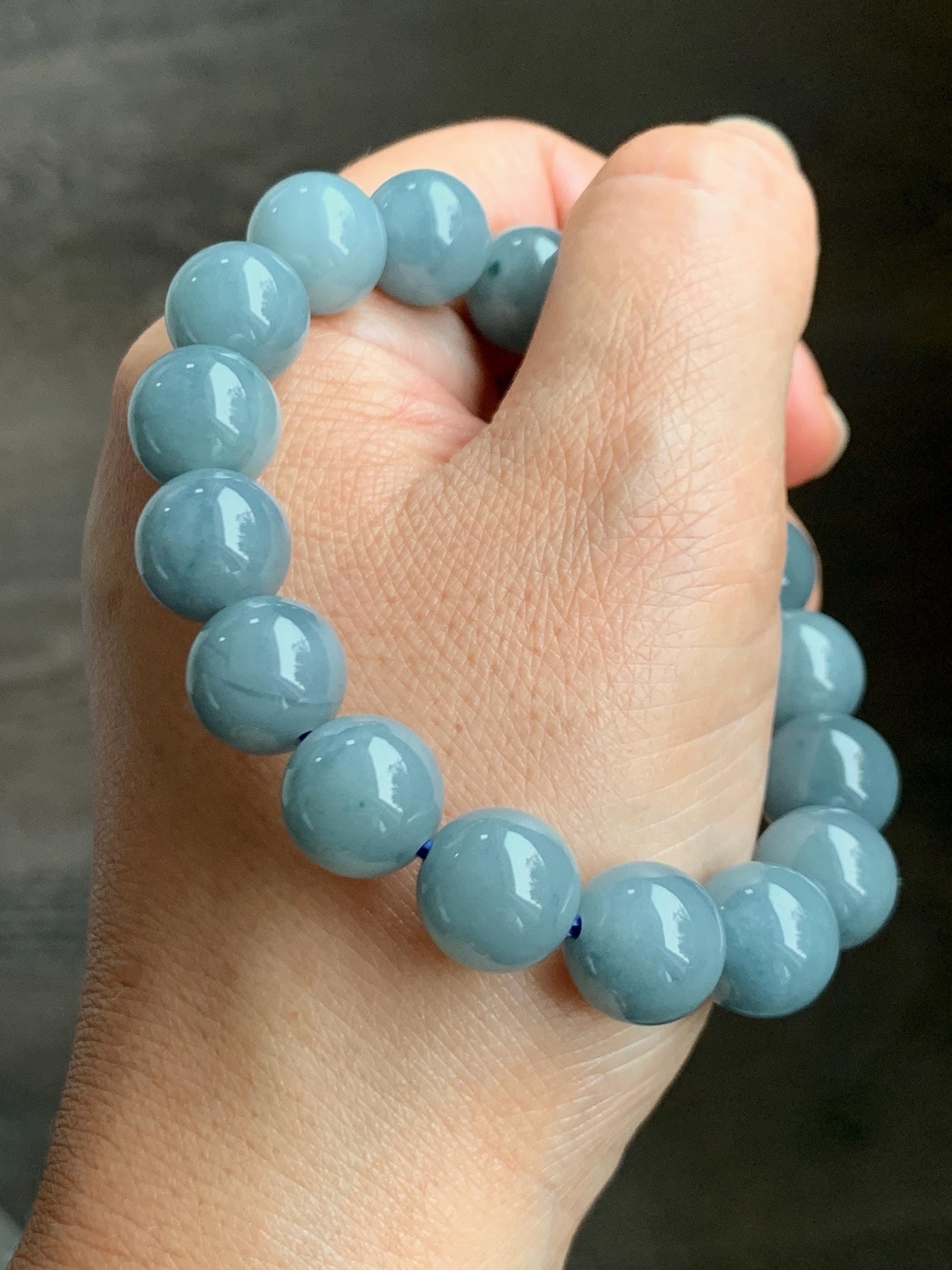 Natural Grade A Guatemalan Translucent Dusty Blue Marbled Jade Jadeite Large Beads Beaded Bracelet Stretchy 11.7mm 7.25" 47g 天然危蓝飘花翡翠大卡圆珠手串