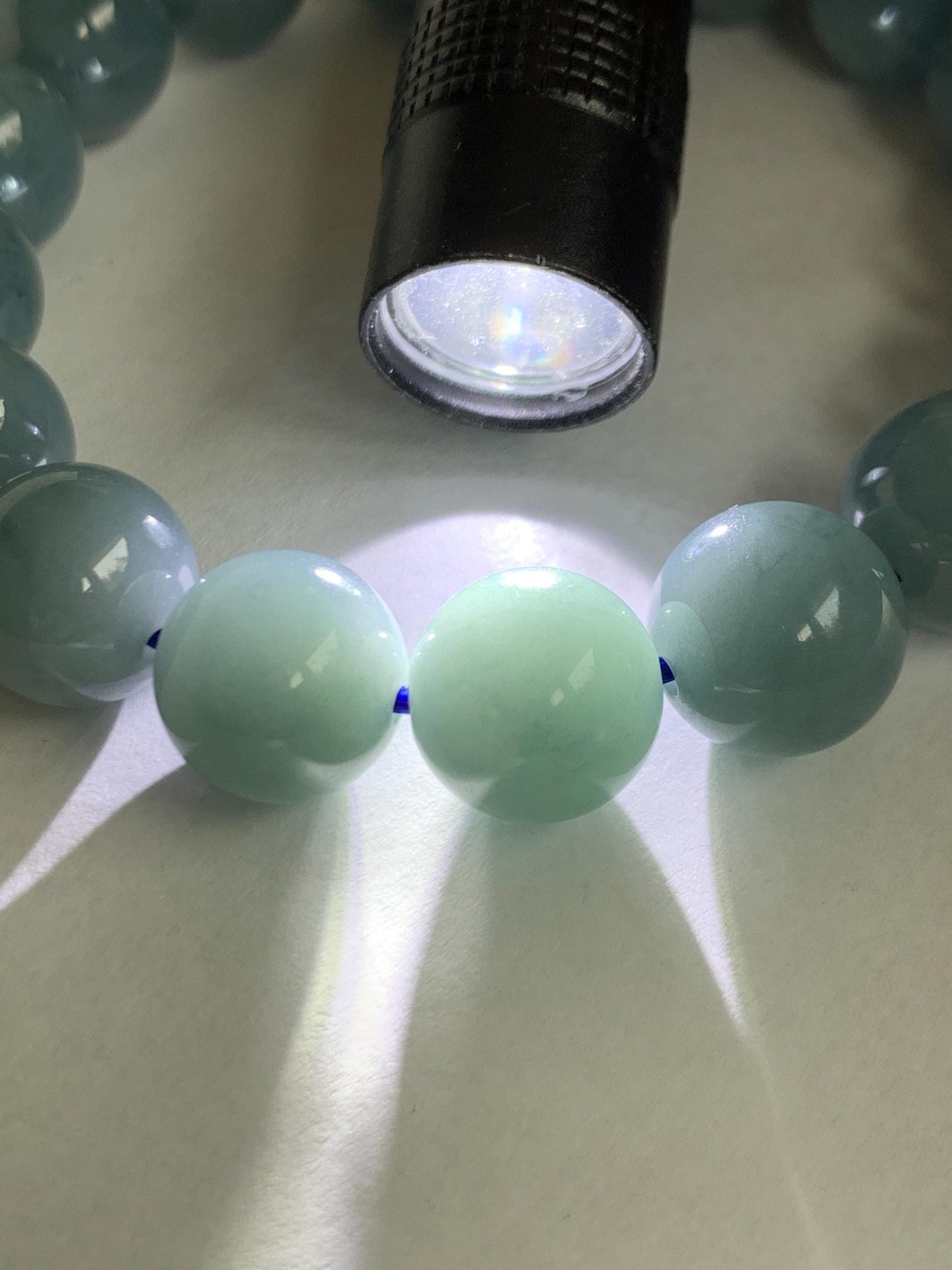 Natural Grade A Guatemalan Translucent Dusty Blue Marbled Jade Jadeite Large Beads Beaded Bracelet Stretchy 11.7mm 7.25" 47g 天然危蓝飘花翡翠大卡圆珠手串